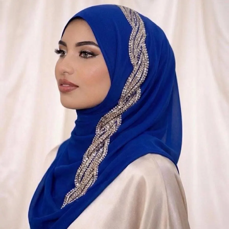 Chiffon Hijab with Rhinestone Trim – Elegant Sparkle Scarf for Eid, Wedding, Party | Multiple Colors - image 3