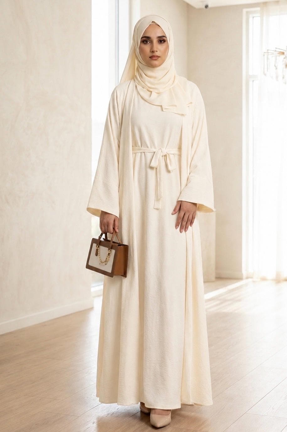Luxury Beige 2 Piece Abaya Set, Modest Maxi Dress, Open Kimono Abaya - image 3
