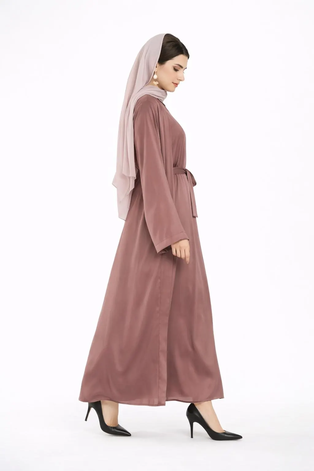 Dusty Rose Satin Abaya Set, 2 Piece Modest Wedding Guest Dress, Dubai Style Outfit - image 3