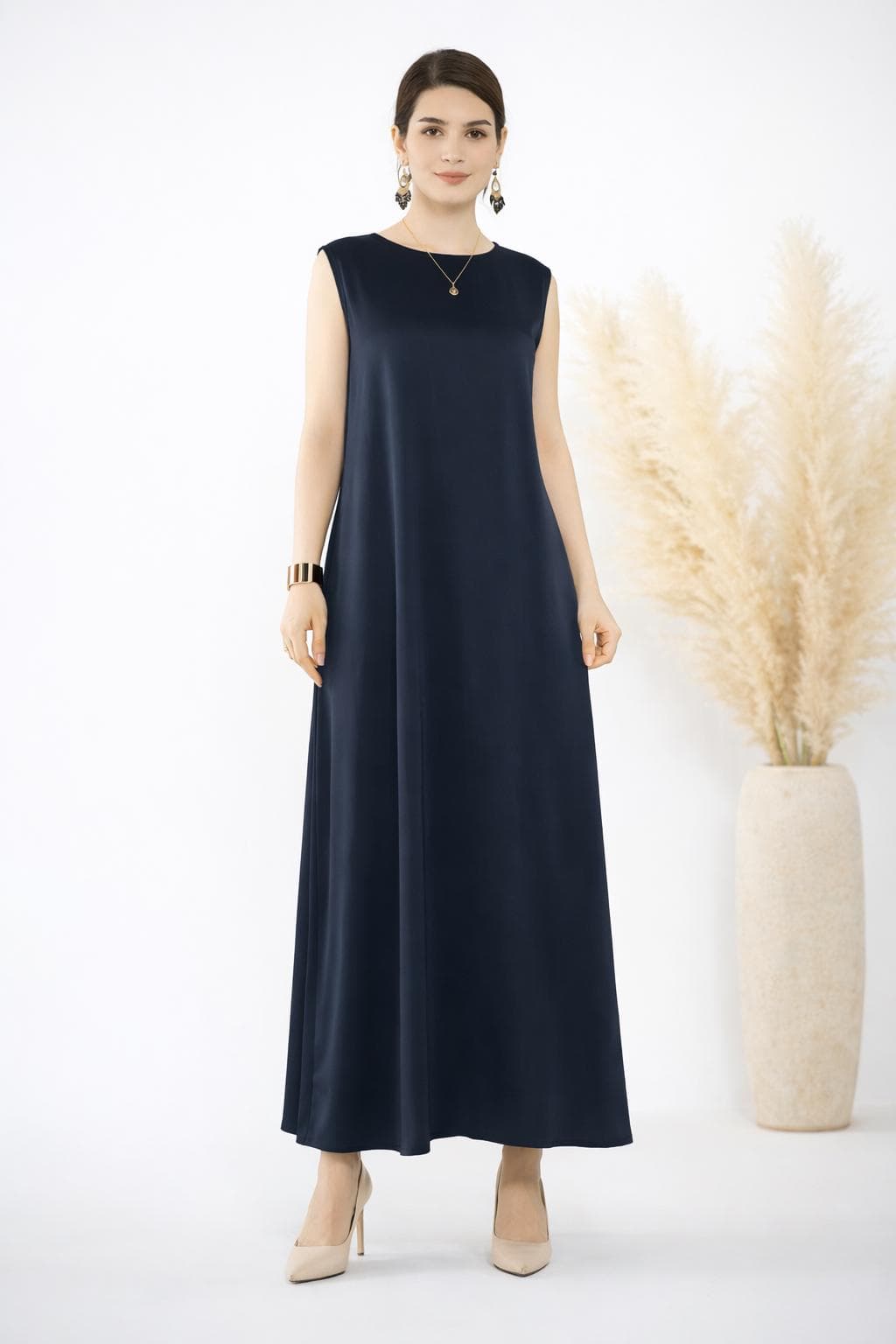 Navy Blue Satin Abaya Set – 2 Piece Modest Maxi Dress, Open Abaya, Eid Outfit - image 5