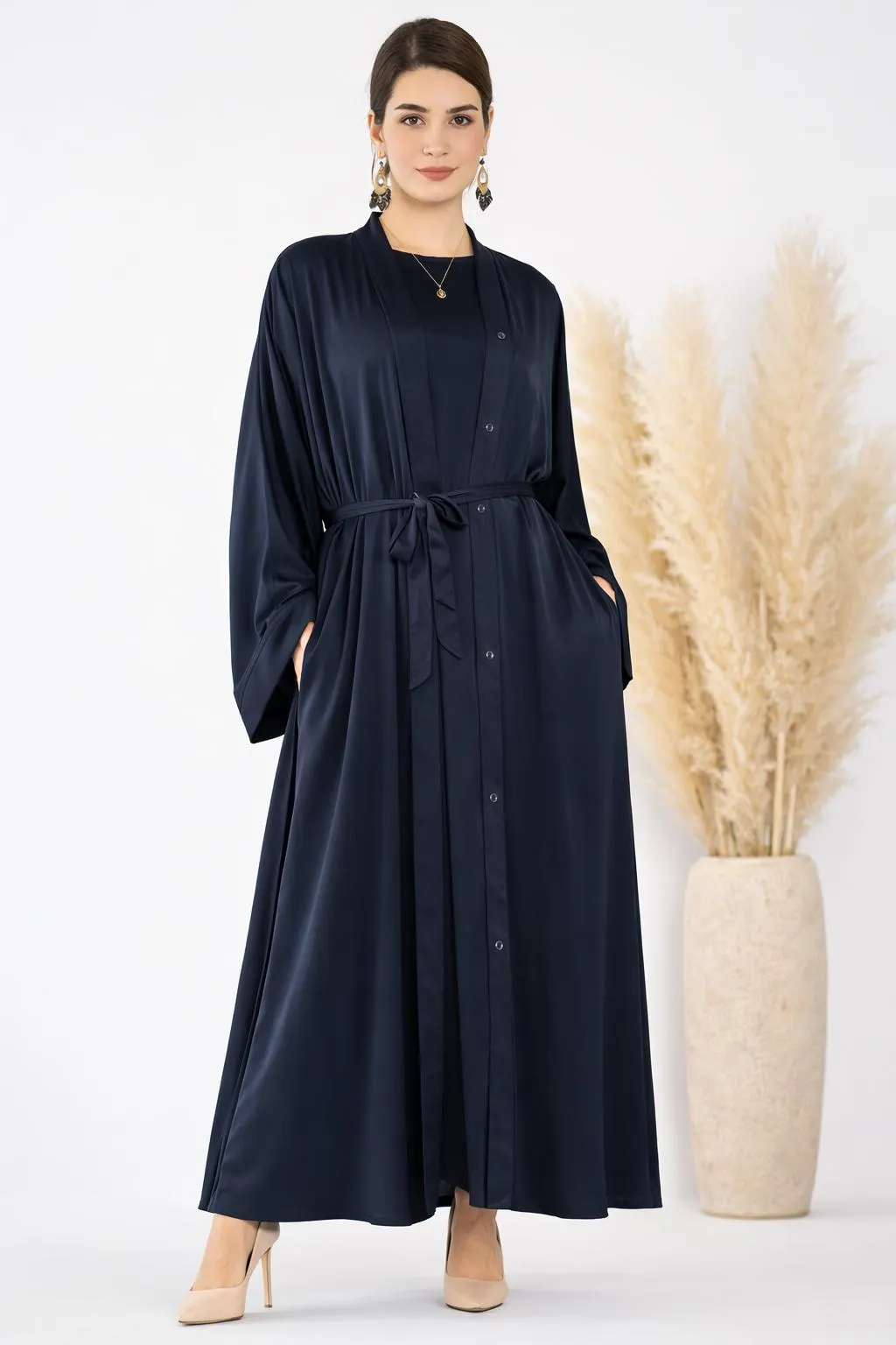 Navy Blue Satin Abaya Set – 2 Piece Modest Maxi Dress, Open Abaya, Eid Outfit - image 4