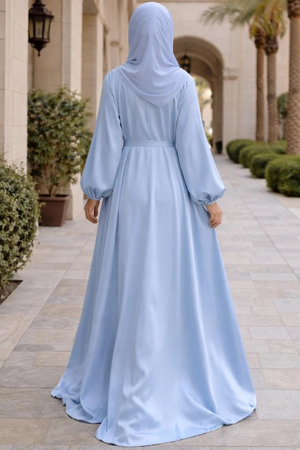 Sky Blue Open Abaya Kimono, Satin Modest Dress, Elegant Eid Outfit - image 4