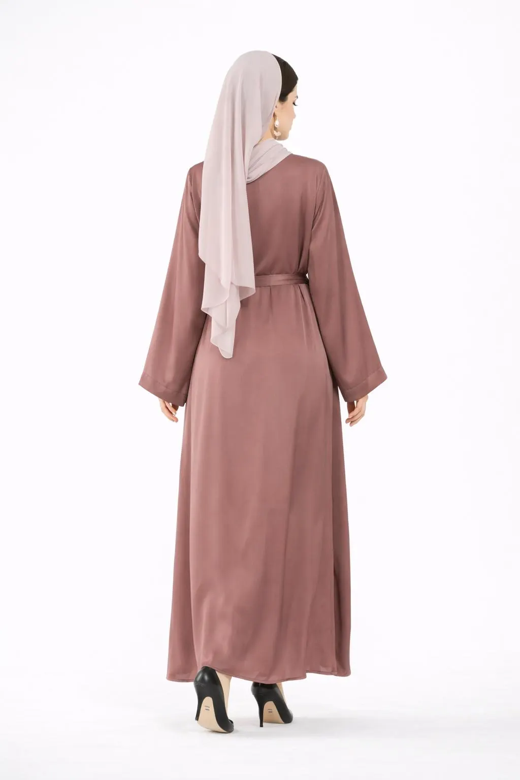 Dusty Rose Satin Abaya Set, 2 Piece Modest Wedding Guest Dress, Dubai Style Outfit - image 4