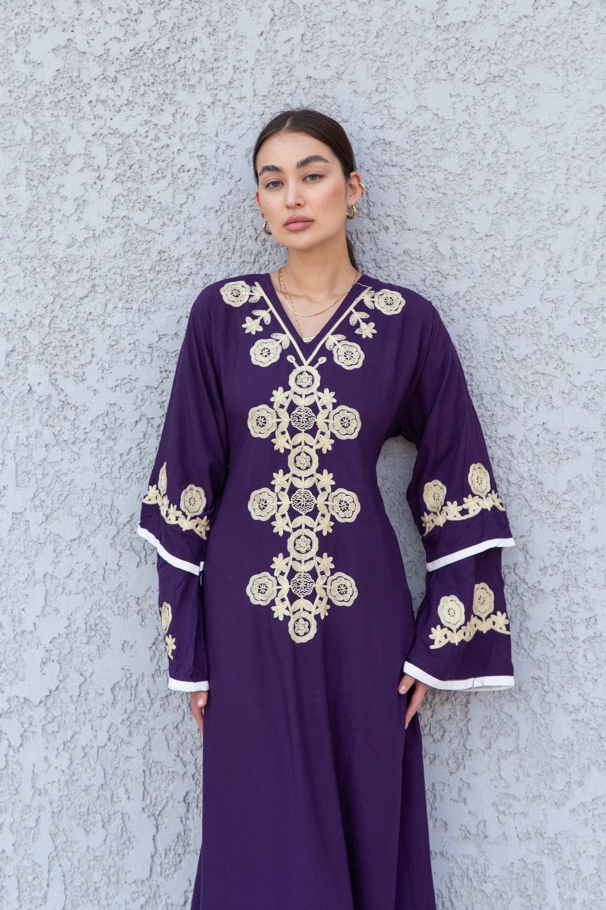 Embroidered Purple Kaftan Maxi Dress, Egyptian Cotton Caftan Women, Chic Boho Style