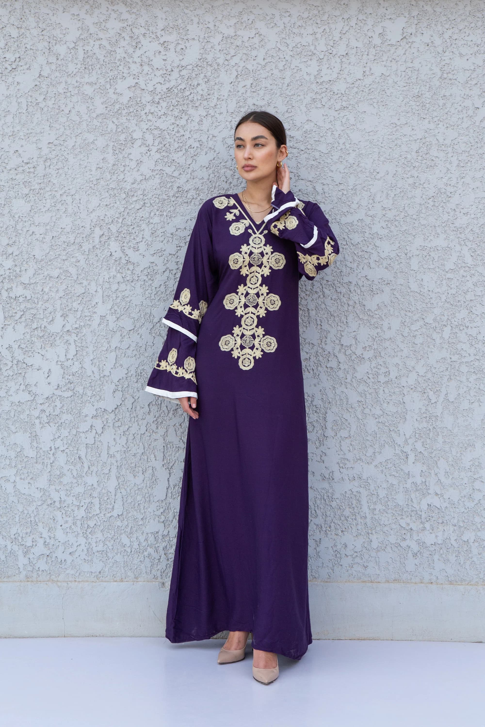 Embroidered Purple Kaftan Maxi Dress, Egyptian Cotton Caftan Women, Chic Boho Style - image 3
