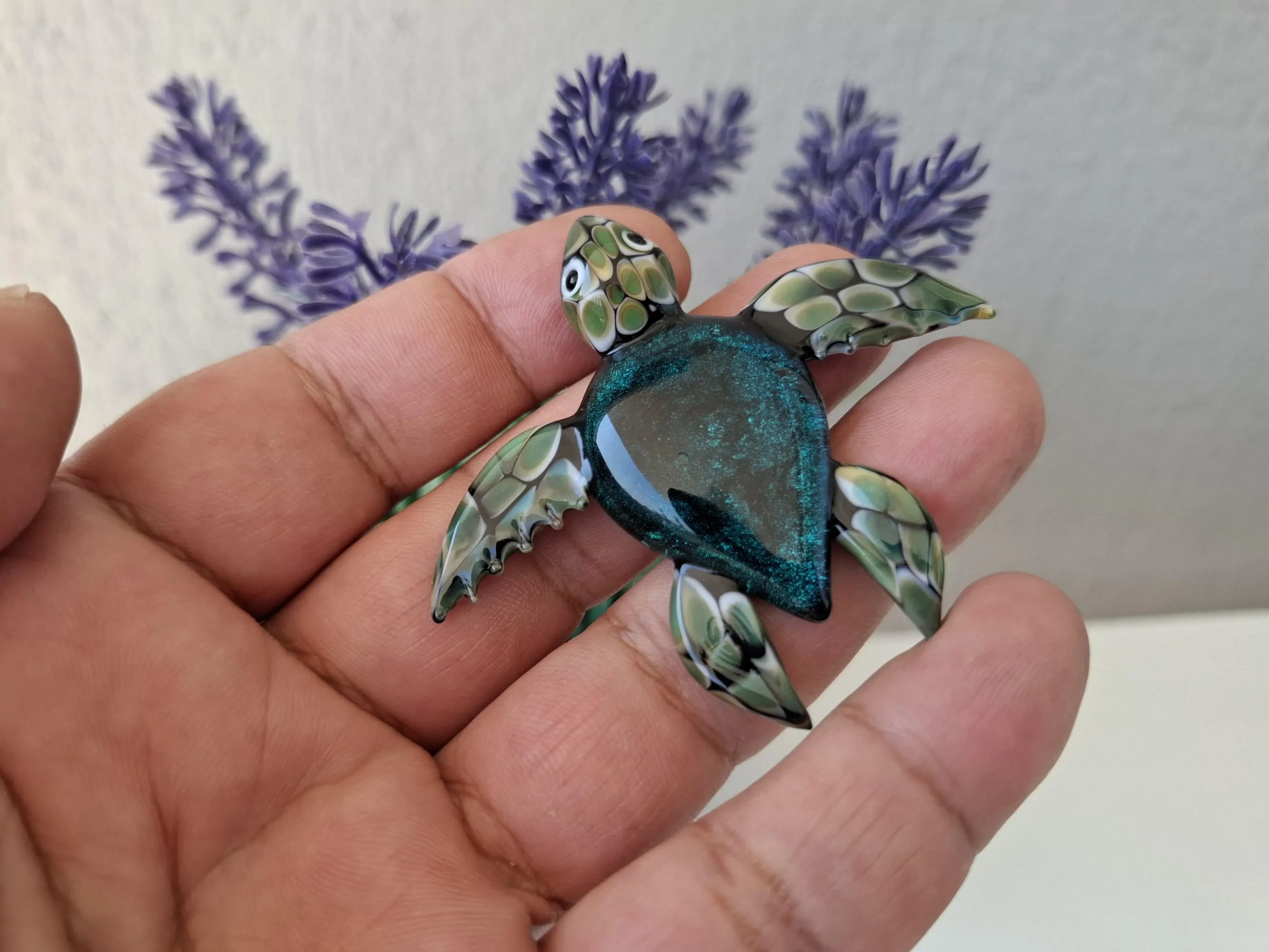 Handmade Silver Foiled Lampwork Glass Sea Turtle, Flamework Sea Turtle Figurine, Ocean Glass Art, Coastal Decor, Turtle Gift