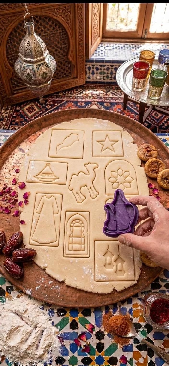 Moroccan cookie decorating tools displayed in authentic Moroccan-style setting with colorful tiles and traditional decor.