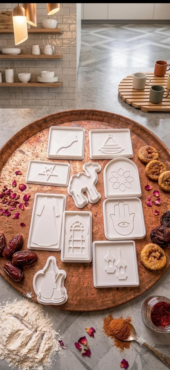 Moroccan cookie cutters inspired by Moroccan culture including camel, tea pot, lanterns, Morocco map, and Islamic geometric patterns.
