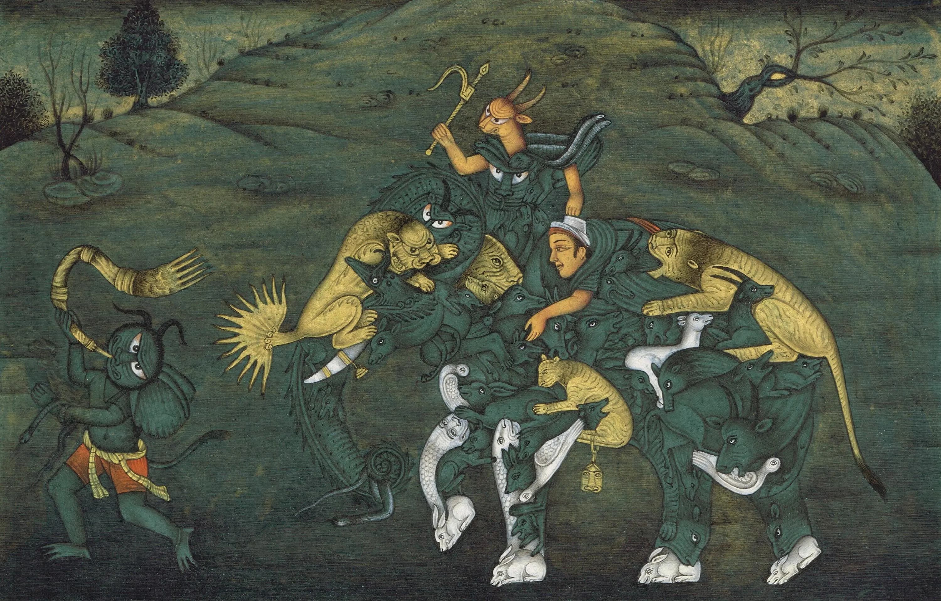 Vintage Indian Miniature Painting | Demon Riding Assembled Elephant Art - image 4