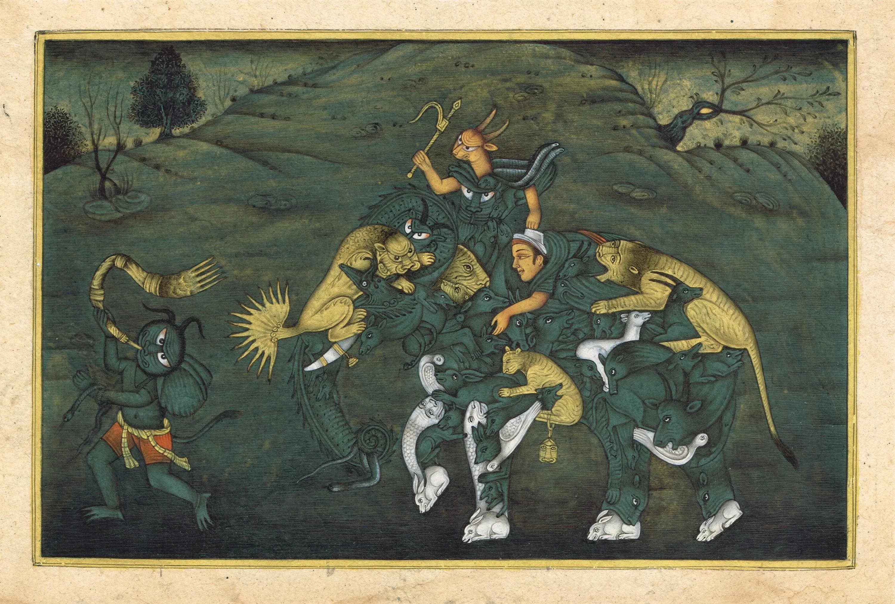 Vintage Indian Miniature Painting | Demon Riding Assembled Elephant Art - image 3
