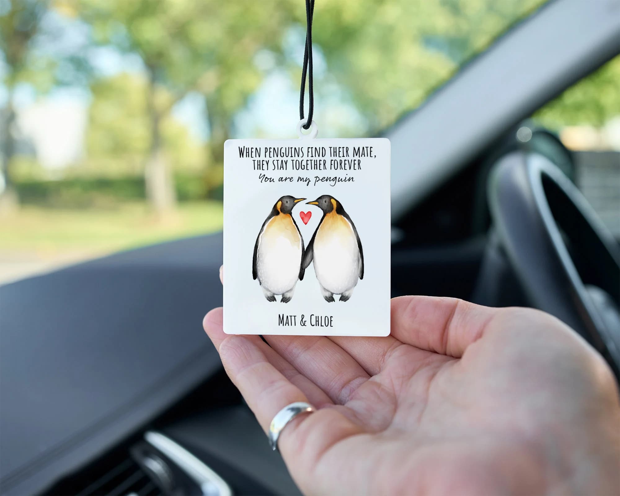 Penguins find their mate white car ornament. Personalised car tag with image of two penguins and names. Bestseller for valentines gifts, Christmas gift for boyfriend, husband wife, stocking filler for him.
