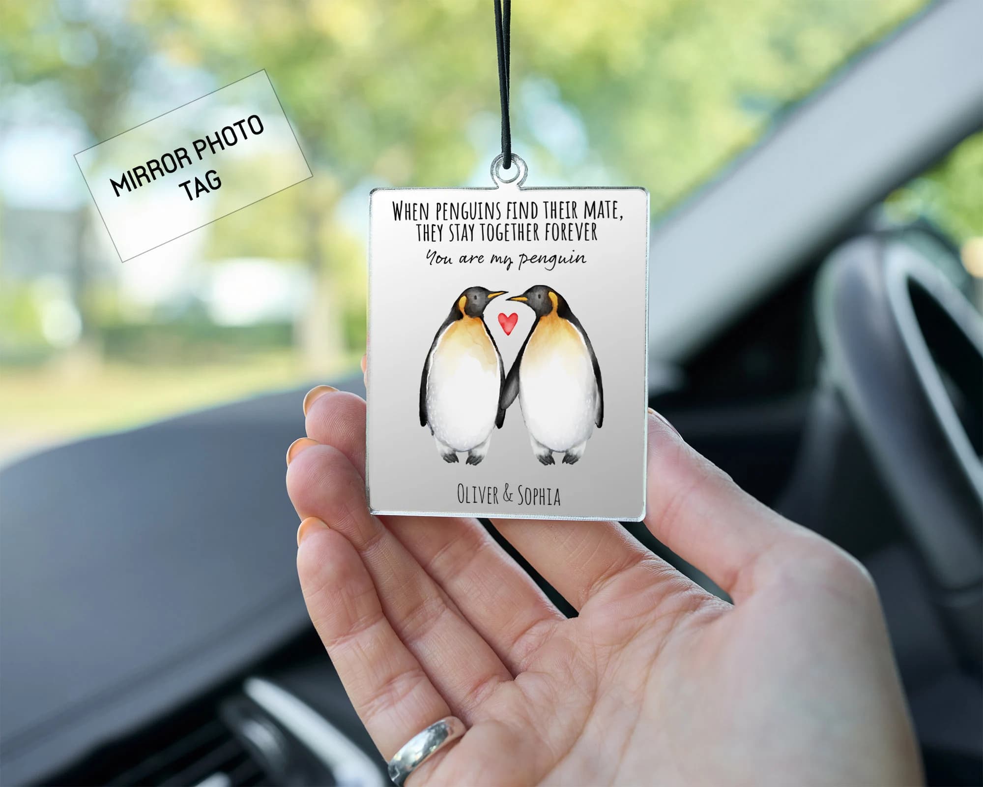 Penguins find their mate mirror car ornament. Personalised car tag with image of two penguins and names. Bestseller for valentines gifts, Christmas gift for boyfriend, husband wife, stocking filler for him.