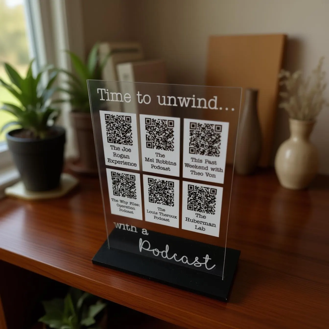 Personalised Podcast Plaque | 6 QR codes | Time to unwind with a podcast | Personalized Gift | Custom Plaque - image 4
