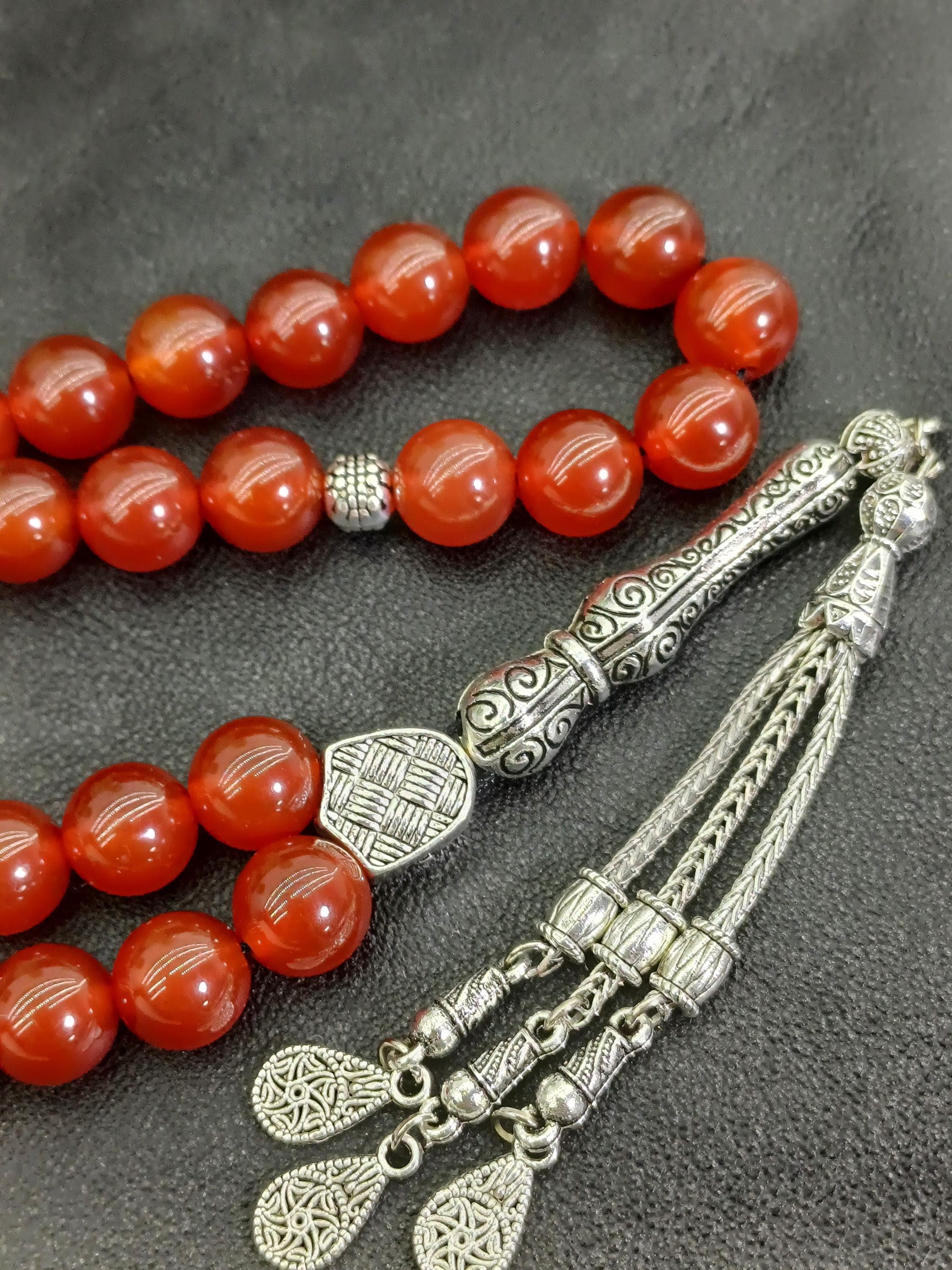 Luxury Carnelian Agate Prayer Beads: 10 mm Yemen Aqeeq Tasbih, Certificate of Authenticity Included