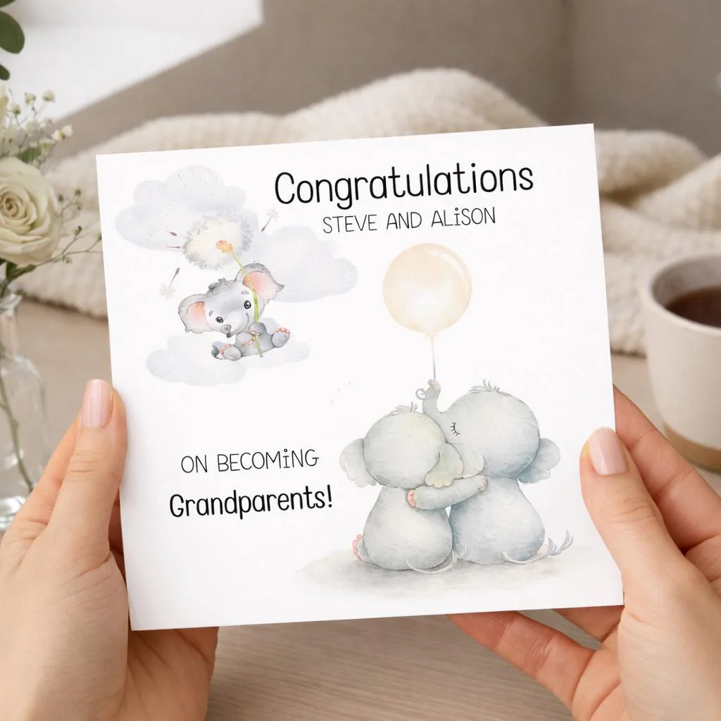 Personalised Congratulations on becoming grandparents card Elephant baby girl card, Baby Boy Cards,New Grandparents gender neutral card 2322