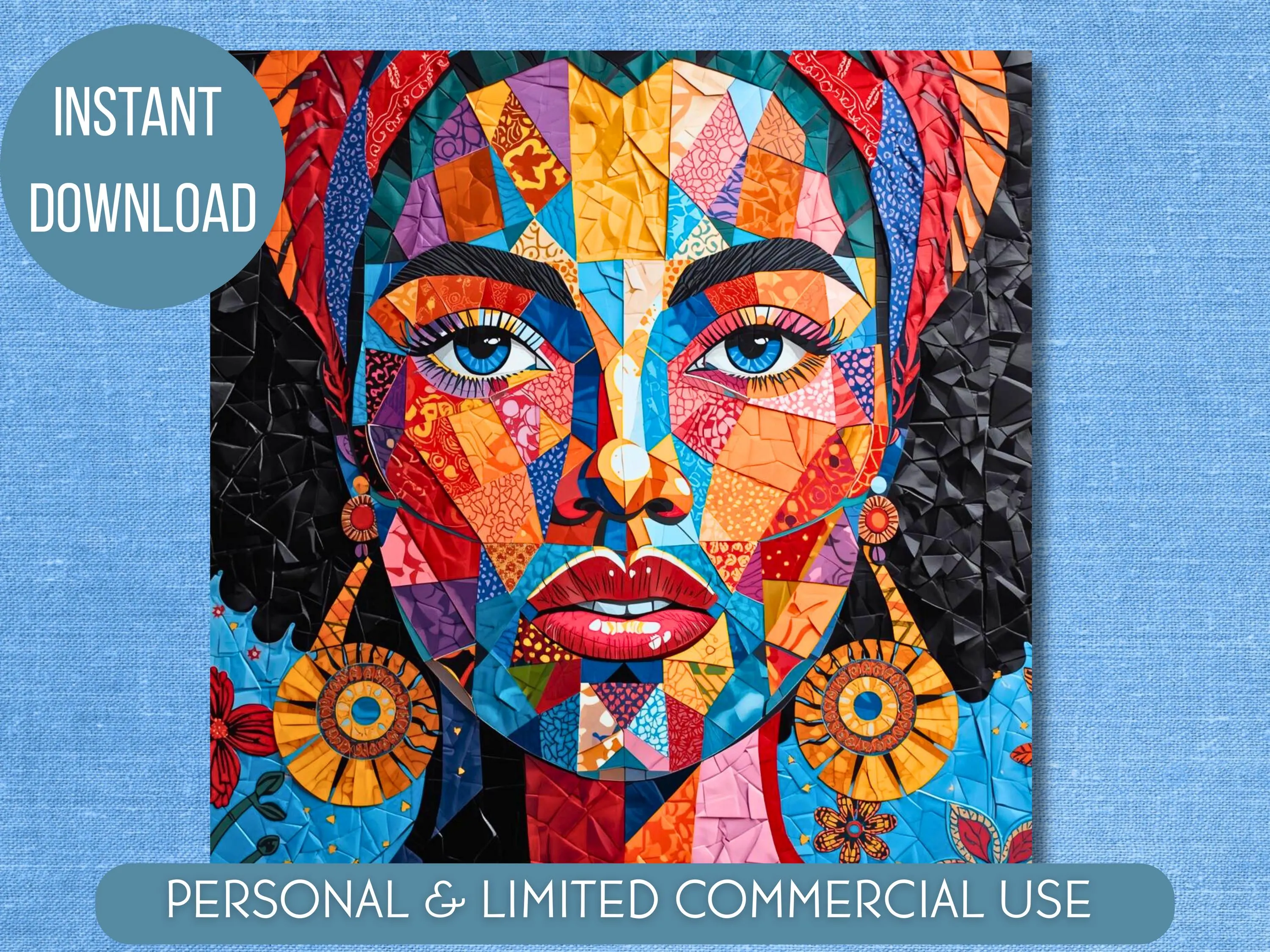 Vibrant African Female Portrait | Mosaic Style Print | Modern Geometric Ethnic Patchwork Art | Instant Download