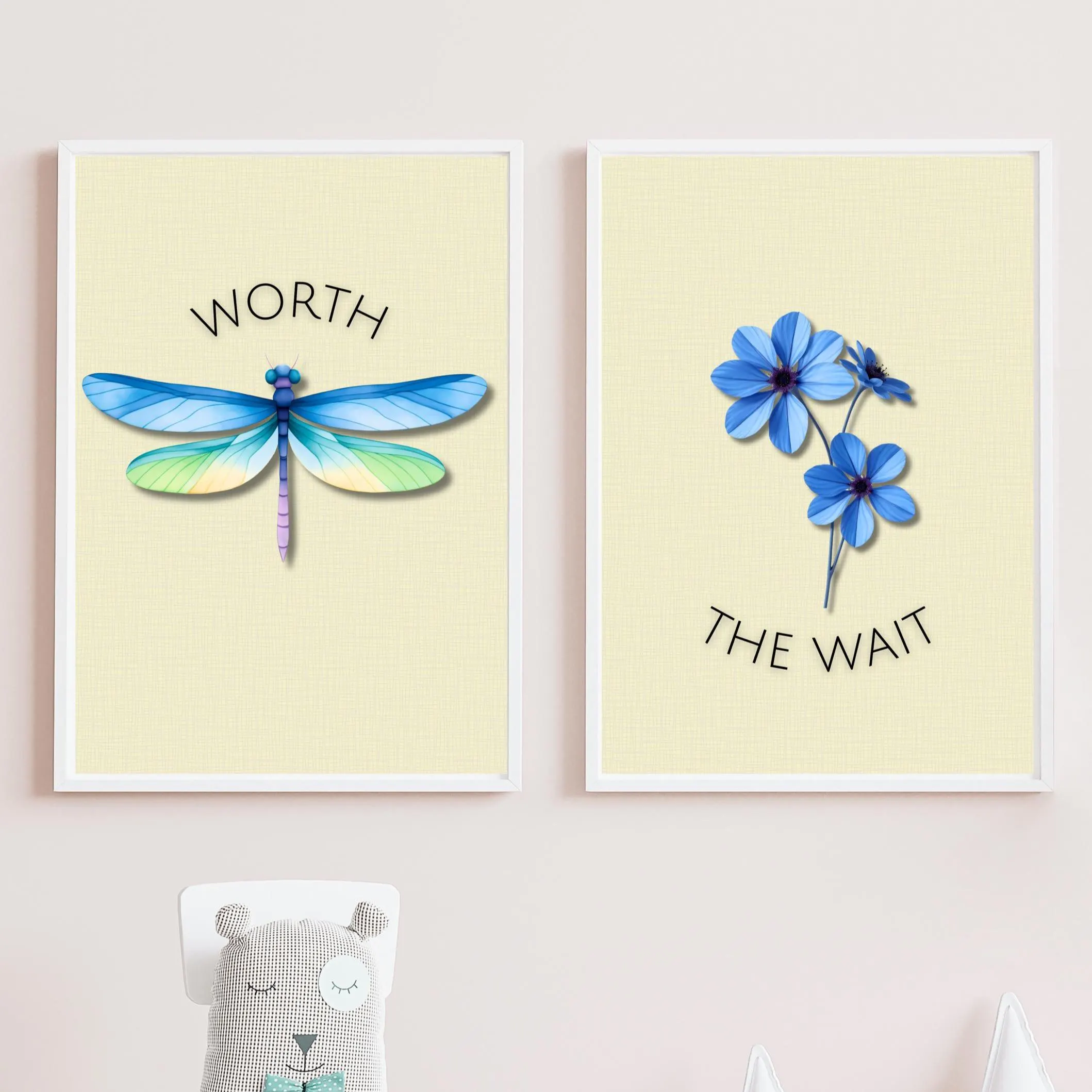 Worth The Wait Nursery Wall Art Set | Modern Botanical & Dragonfly Printable | Gender Neutral Kids Room Decor | Instant Download PDF