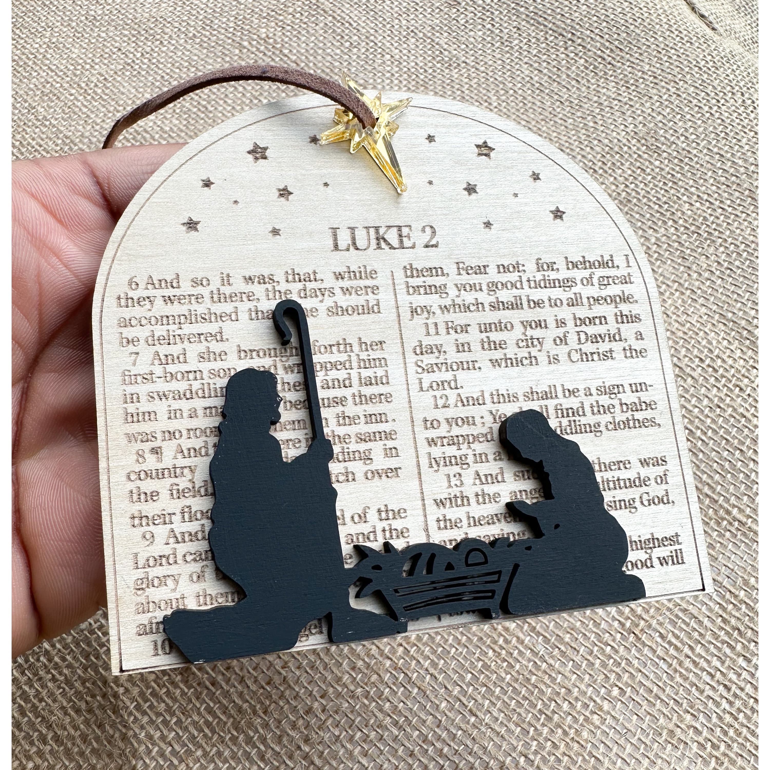 Luke 2 Nativity Ornament, Engraved Birch Wood Christmas Decor