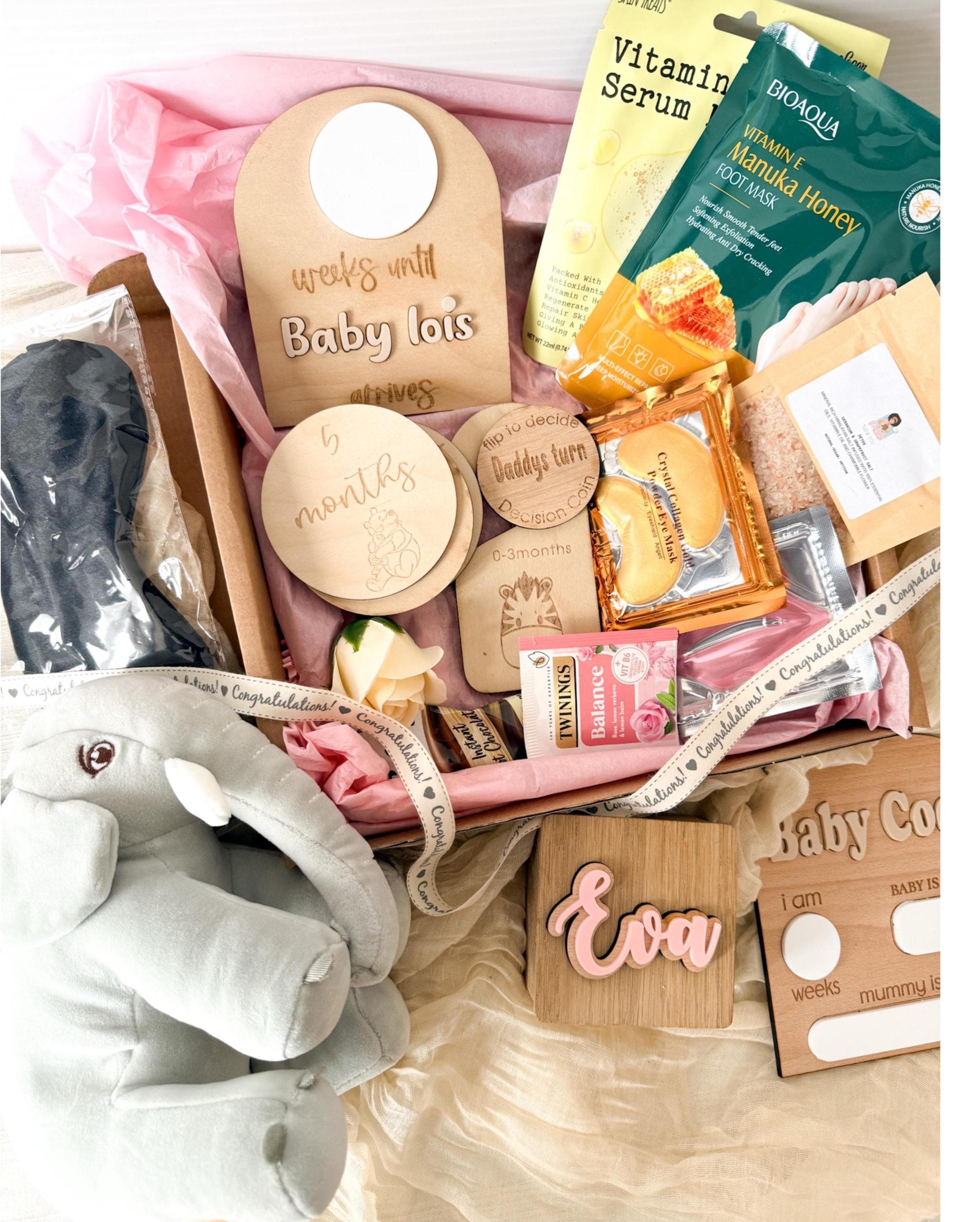 Personalised New Mum Gift Box | Countdown Plaque, Pamper Hamper, Elephant Toy