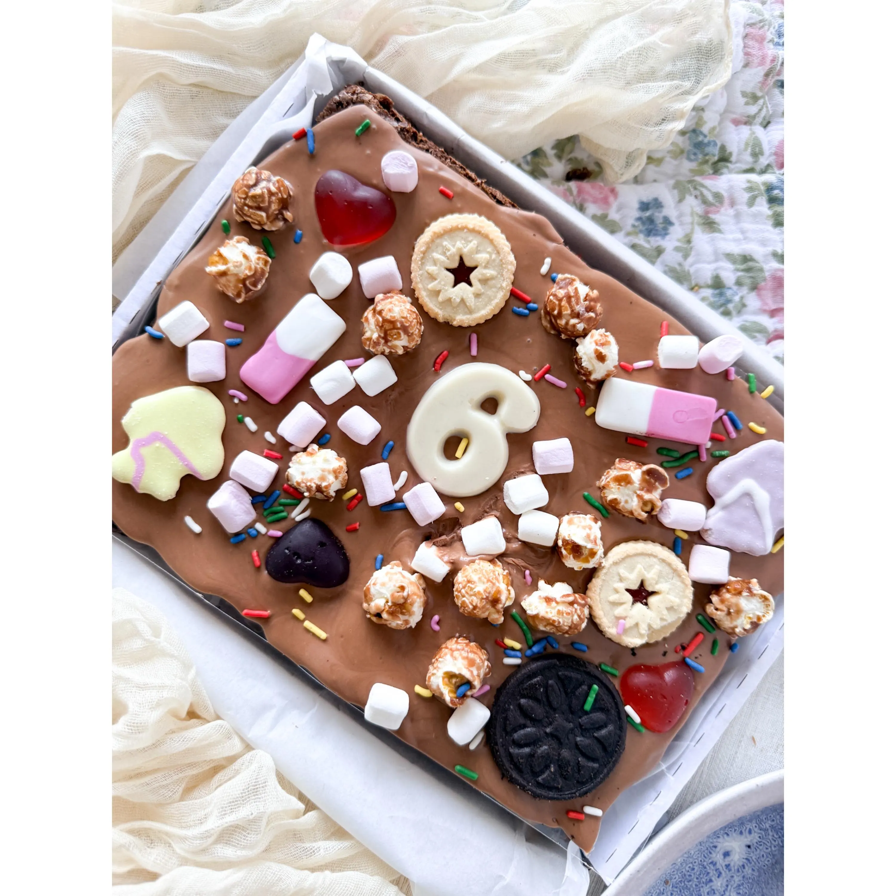 Loaded Birthday Brownies Slab: Marshmallows, Sweets, Gummy Bears