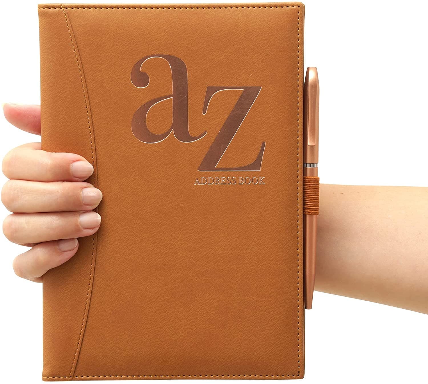 A5 Telephone Address Book with Pen, A-Z Index Hardback Tan Cover, Phone and Contacts Book