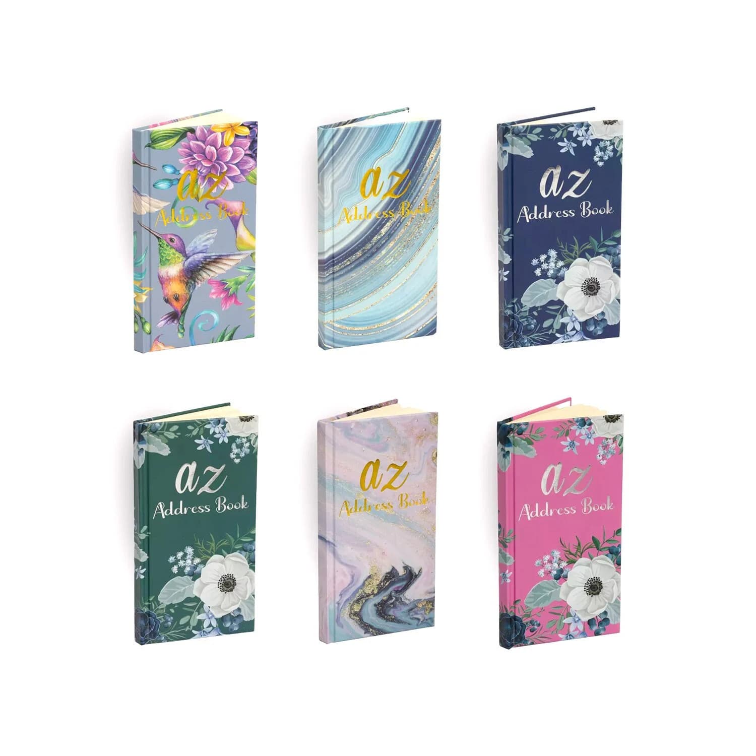 Slim Address Book with A-Z Tabs, Hardback Telephone and Email Contact Book, Marble Floral or Bird Design