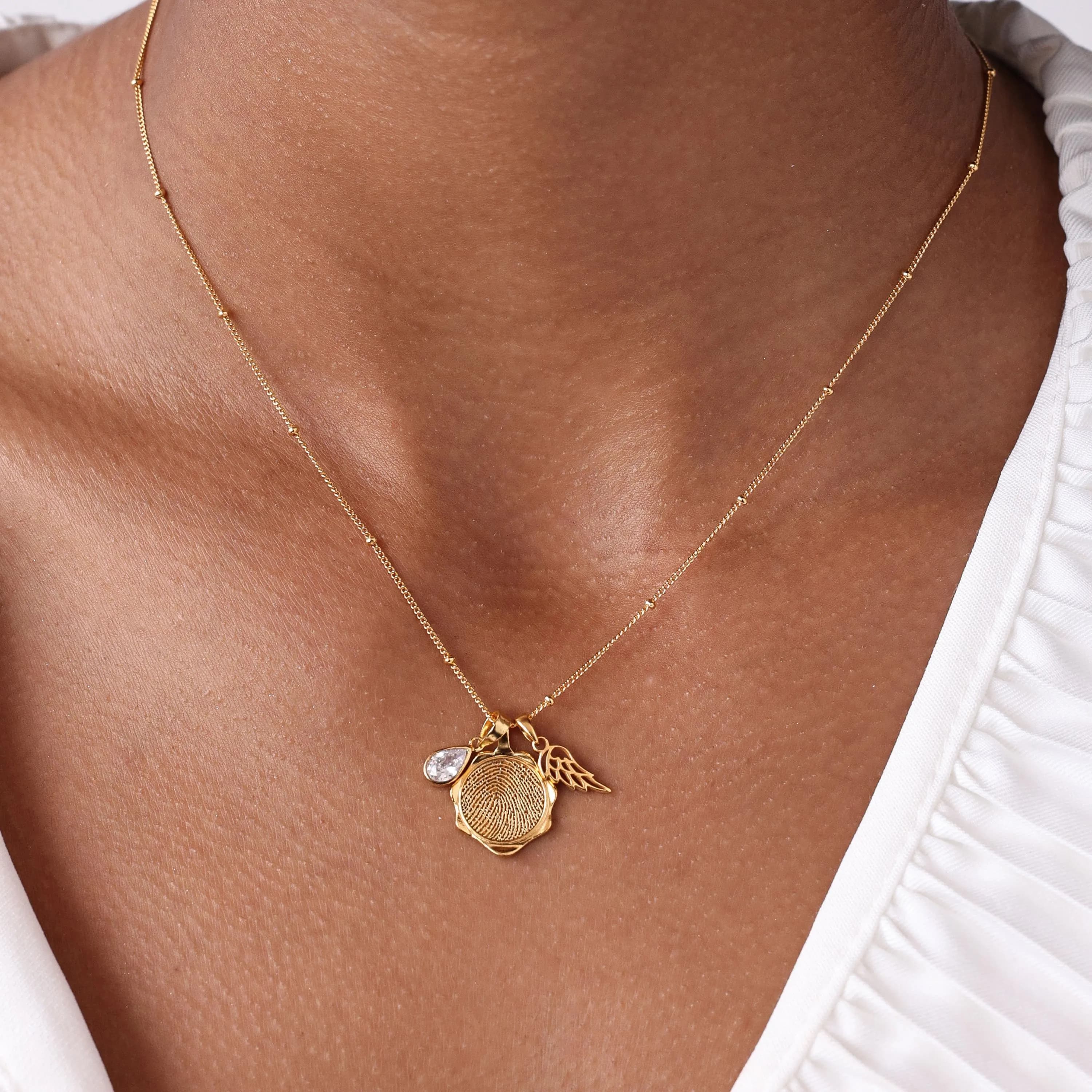 Petite Charm Fingerprint Necklace with Birthstone and Angel Wing | Mother's Day - Christmas Gifts - image 3