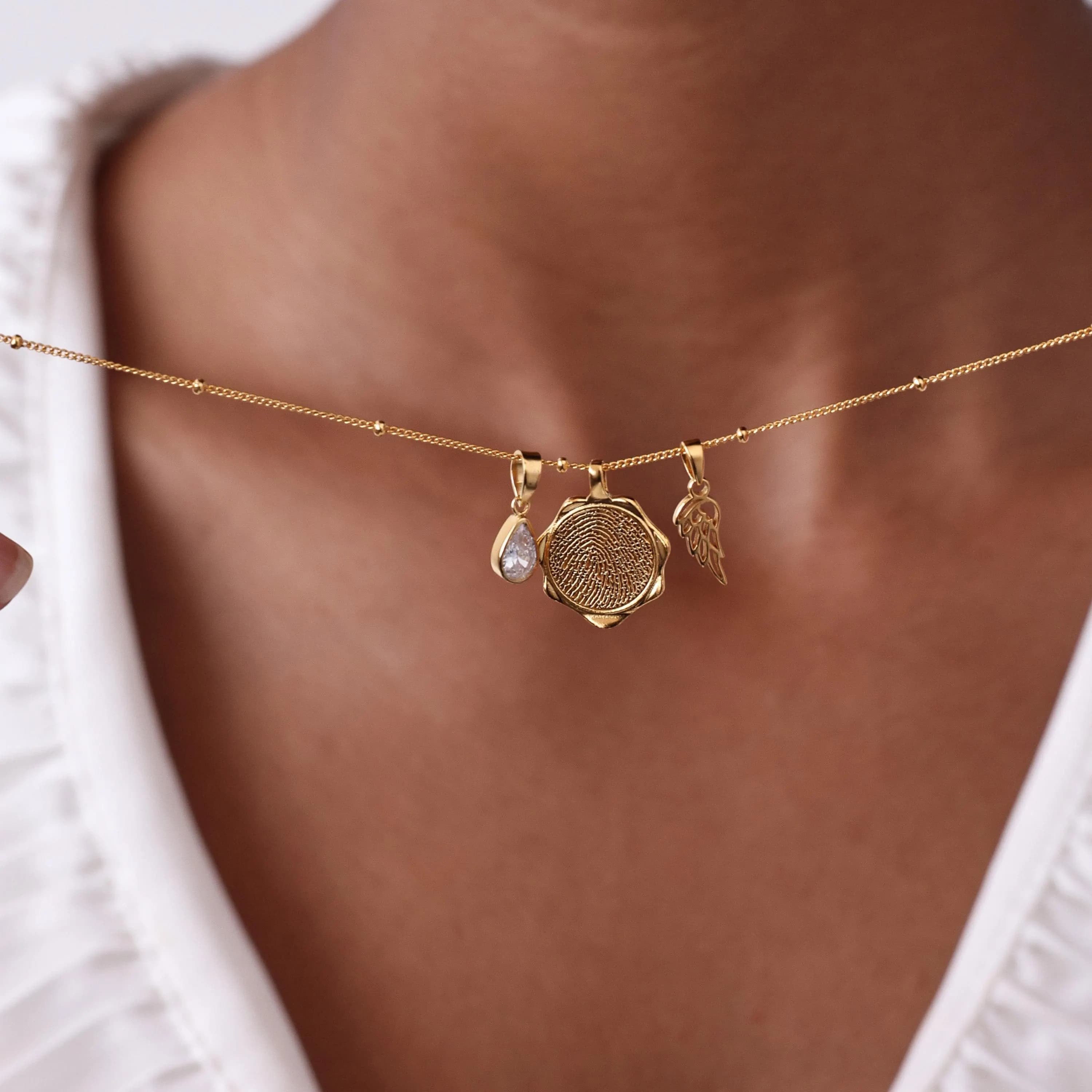 Petite Charm Fingerprint Necklace with Birthstone and Angel Wing | Mother's Day - Christmas Gifts - image 4
