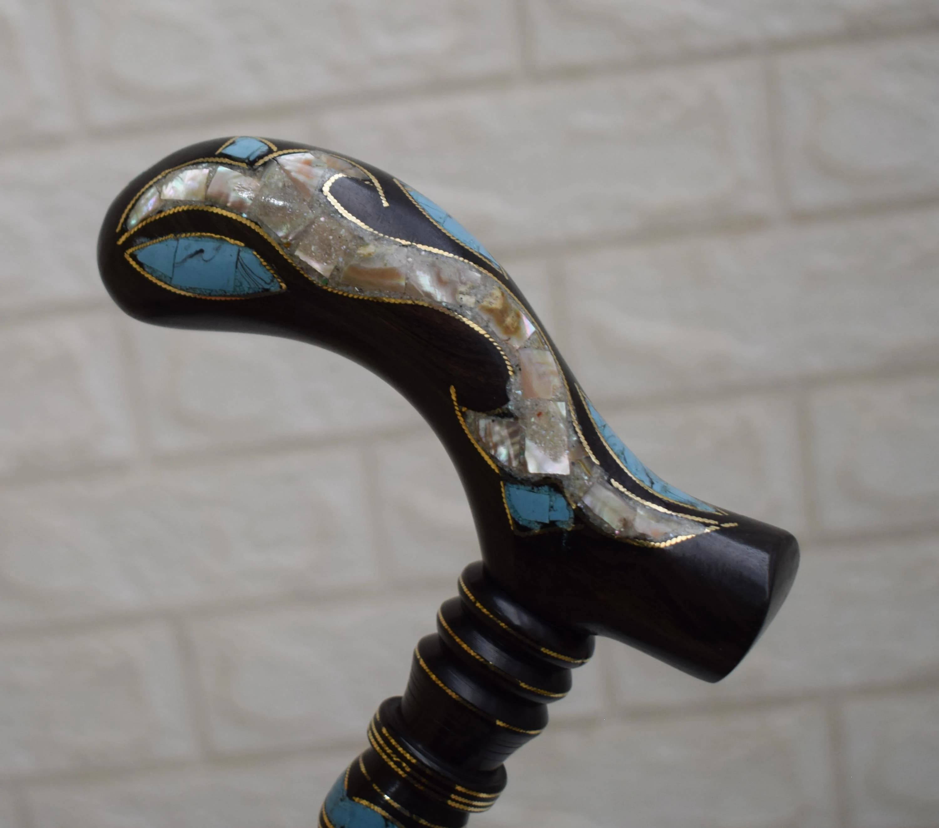 Handcrafted Egyptian Ebony Wood Walking Cane: Turquoise & Mother of Pearl Inlaid Stick (36 inch) - image 4