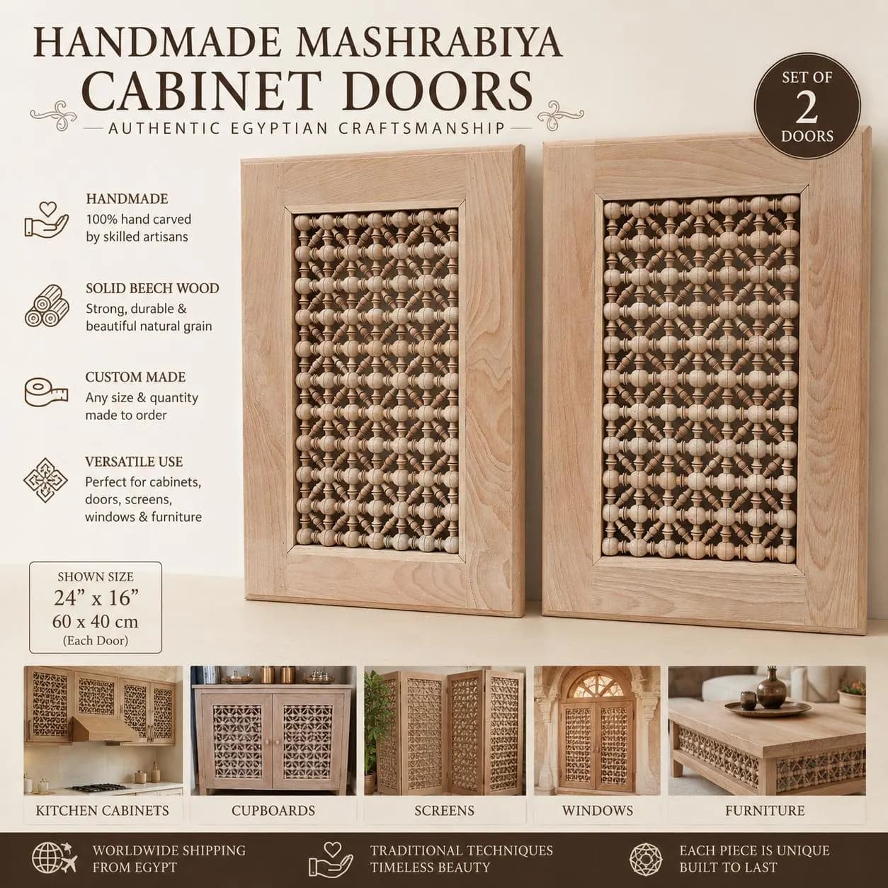 Custom Moroccan Mashrabiya Cabinet Doors, Handmade Carved Beech Wood Lattice Panels, Cabinet Inserts - image 4