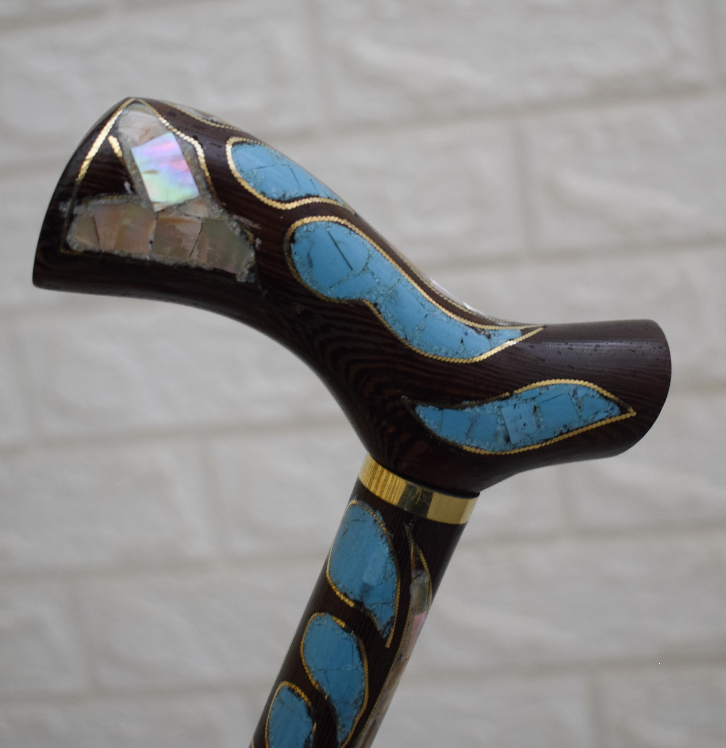 Handcrafted Egyptian Stick, Turquoise & Mother of Pearl Inlay Wooden Walking Cane (37 inch) - image 5