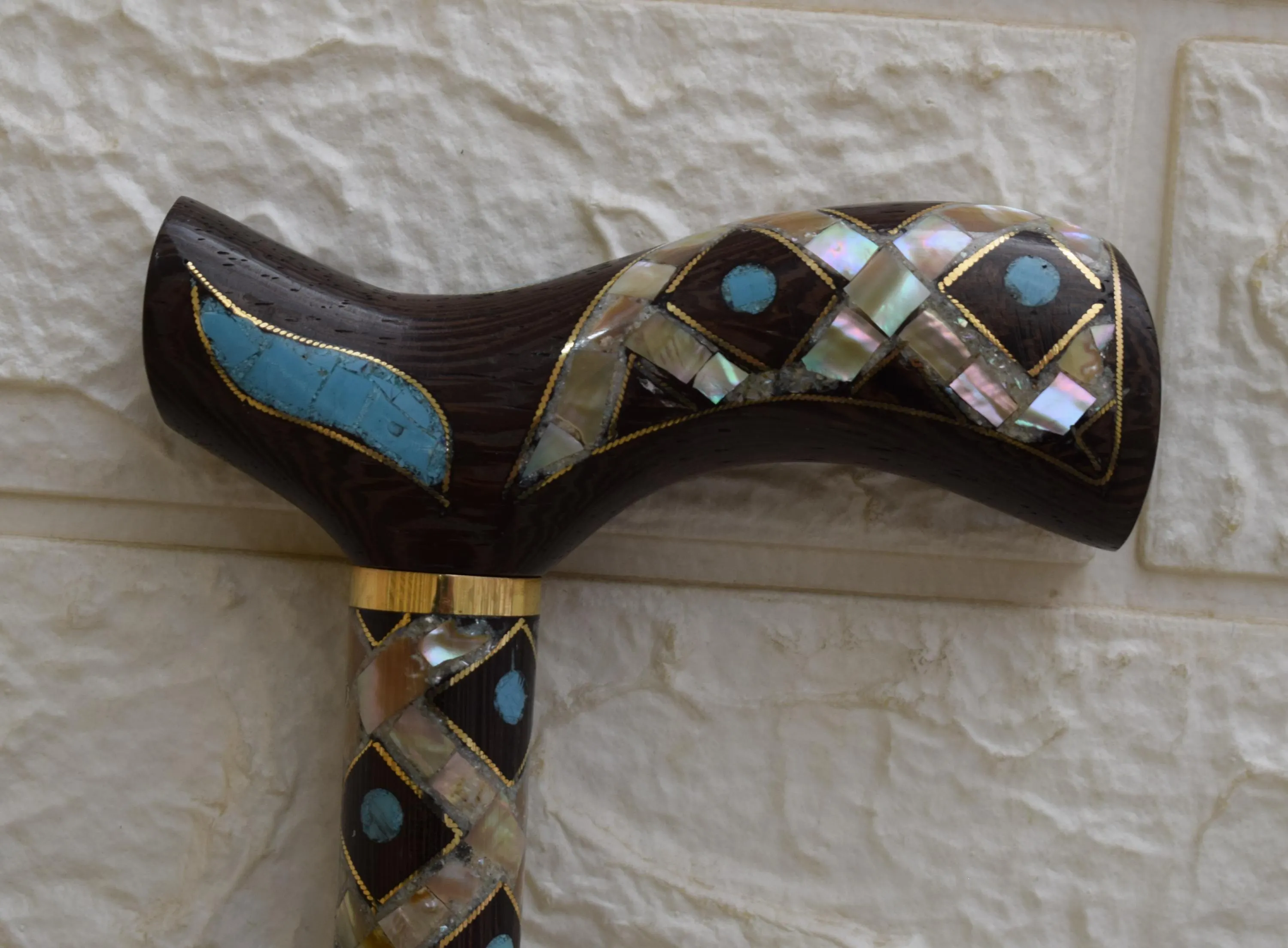 Handmade Egyptian Stick, Turquoise & Mother of Pearl Inlay Wooden Walking Cane (37 inch) - image 3