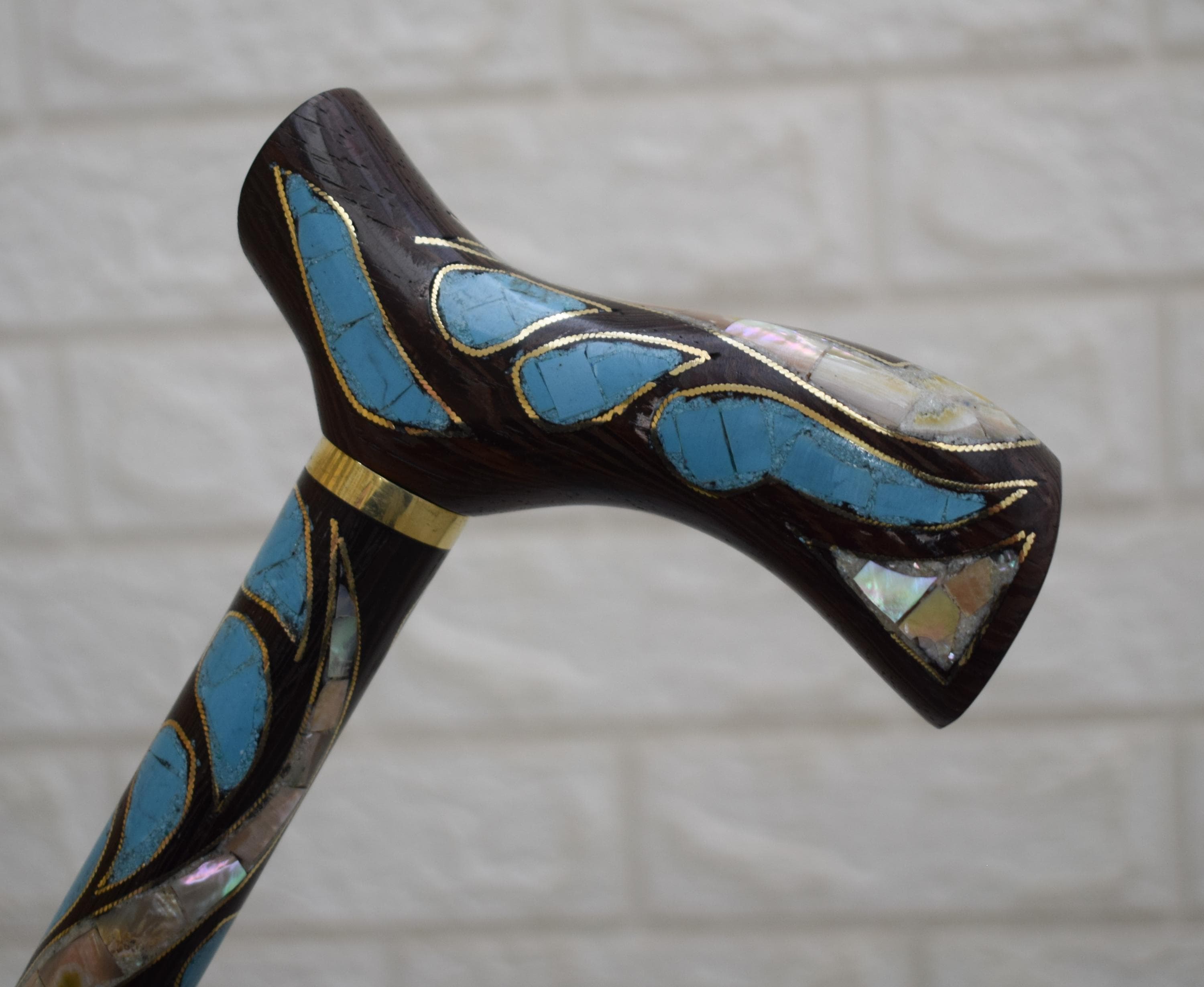 Handcrafted Egyptian Stick, Turquoise & Mother of Pearl Inlay Wooden Walking Cane (37 inch) - image 3