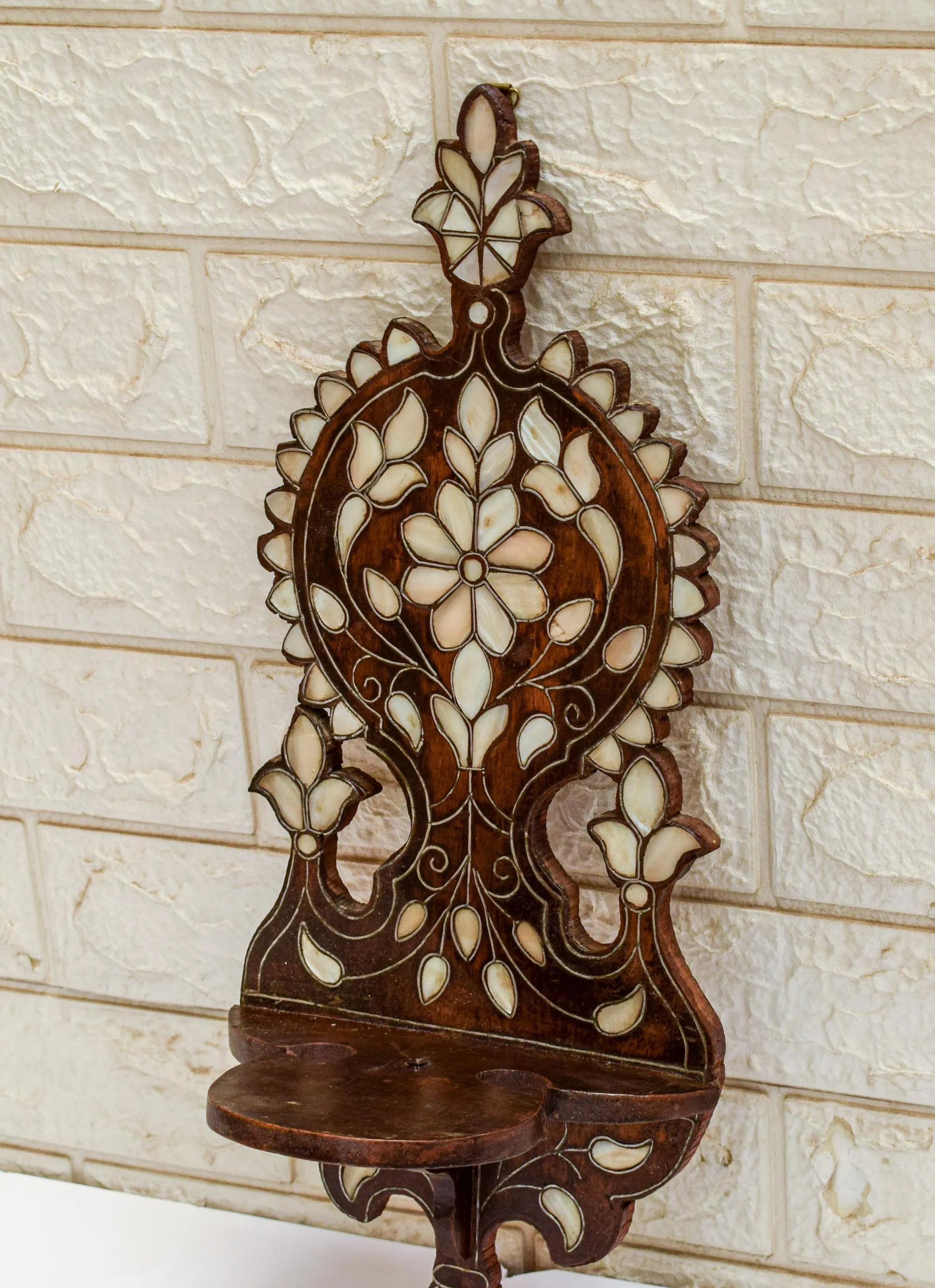 Antique Syrian Wall Shelf, Mother of Pearl Inlay, Handcarved Floral Wood, Damascene Craft - image 5