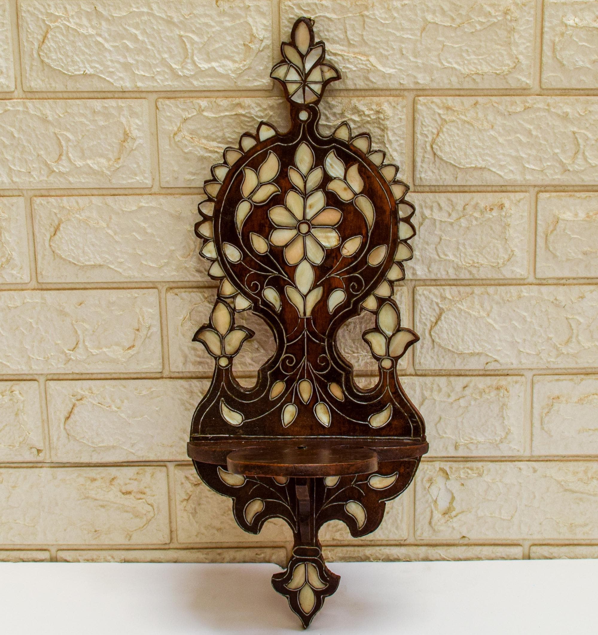 Antique Syrian Wall Shelf, Mother of Pearl Inlay, Handcarved Floral Wood, Damascene Craft - image 3