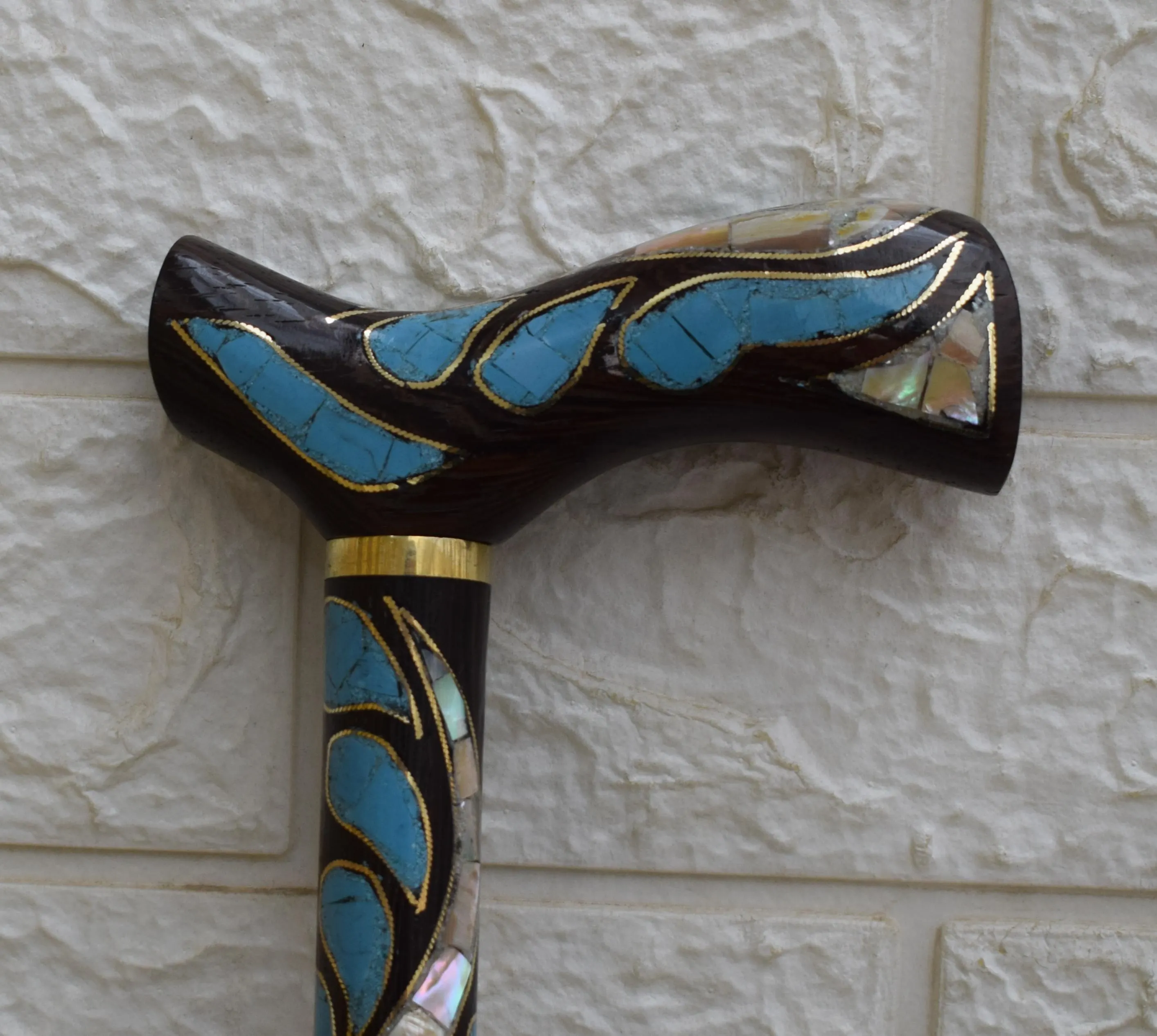 Handcrafted Egyptian Stick, Turquoise & Mother of Pearl Inlay Wooden Walking Cane (37 inch) - image 4