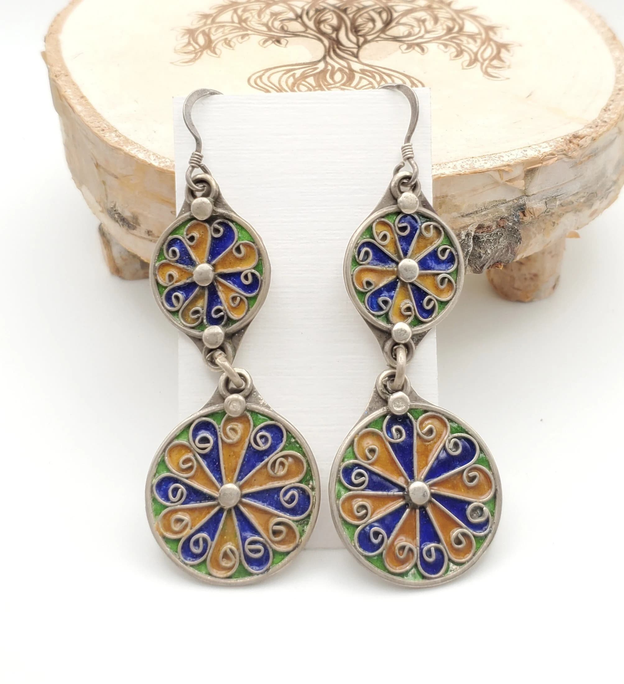 Moroccan Berber Sterling Silver Enamel Dangle Earrings - image 3