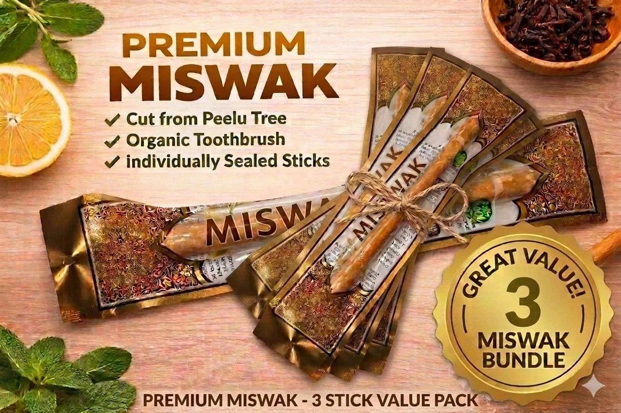 3 Pcs Natural Organic Miswak, Traditional Sewak Toothbrush Stick, Halal Sunnah Islamic Gift, Chemical Fluoride Free Oral Care, Fresh Breath