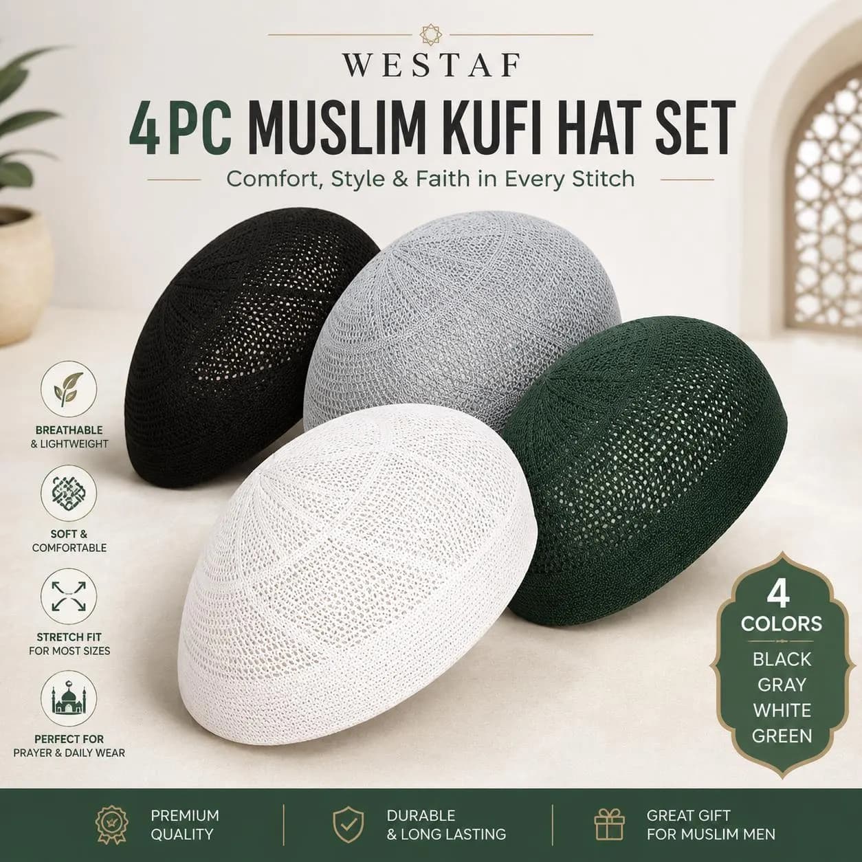 4PC Kufi Hats Knitting Caps Topi, Muslim Payer Cap, Men Kufis, skull Cap Knit Hat