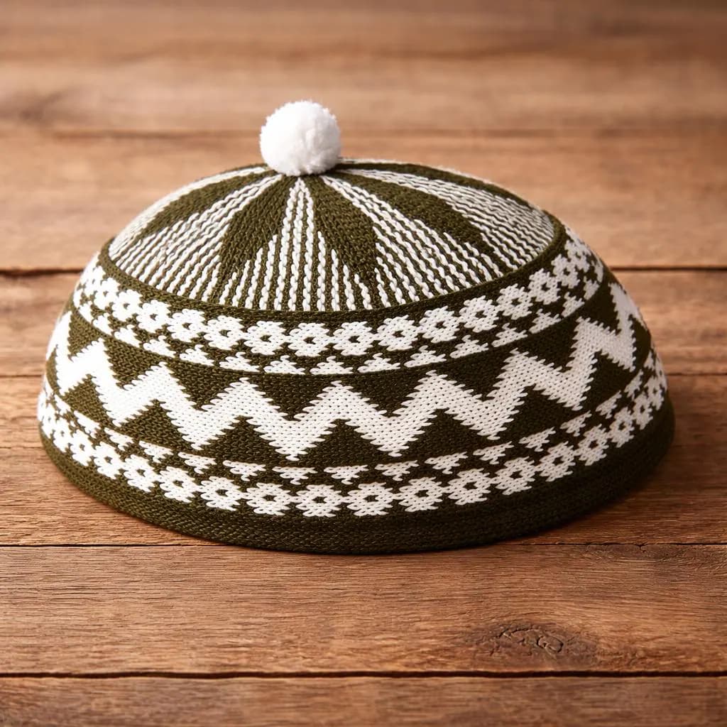 Olive Taqiyah Kufi Skull Cap, Traditional African Hat, Senegalese Lafa, Zigzag Beanie Muslim Prayer Hat Gold