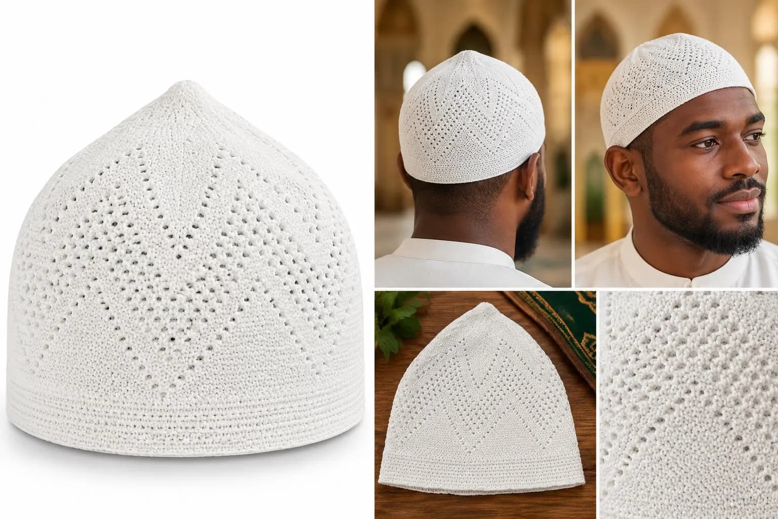 White Kufi Hat – Muslim Prayer Cap Knit, ( Skull Caps) Topi - image 3