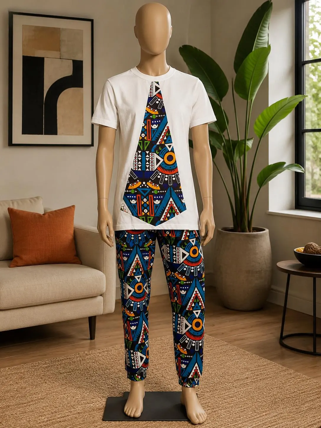 African Print Matching Set for Men | White T-Shirt and Colorful Ankara Wax Trousers | Traditional Geometric Tribal Graphic Streetwear Co-ord