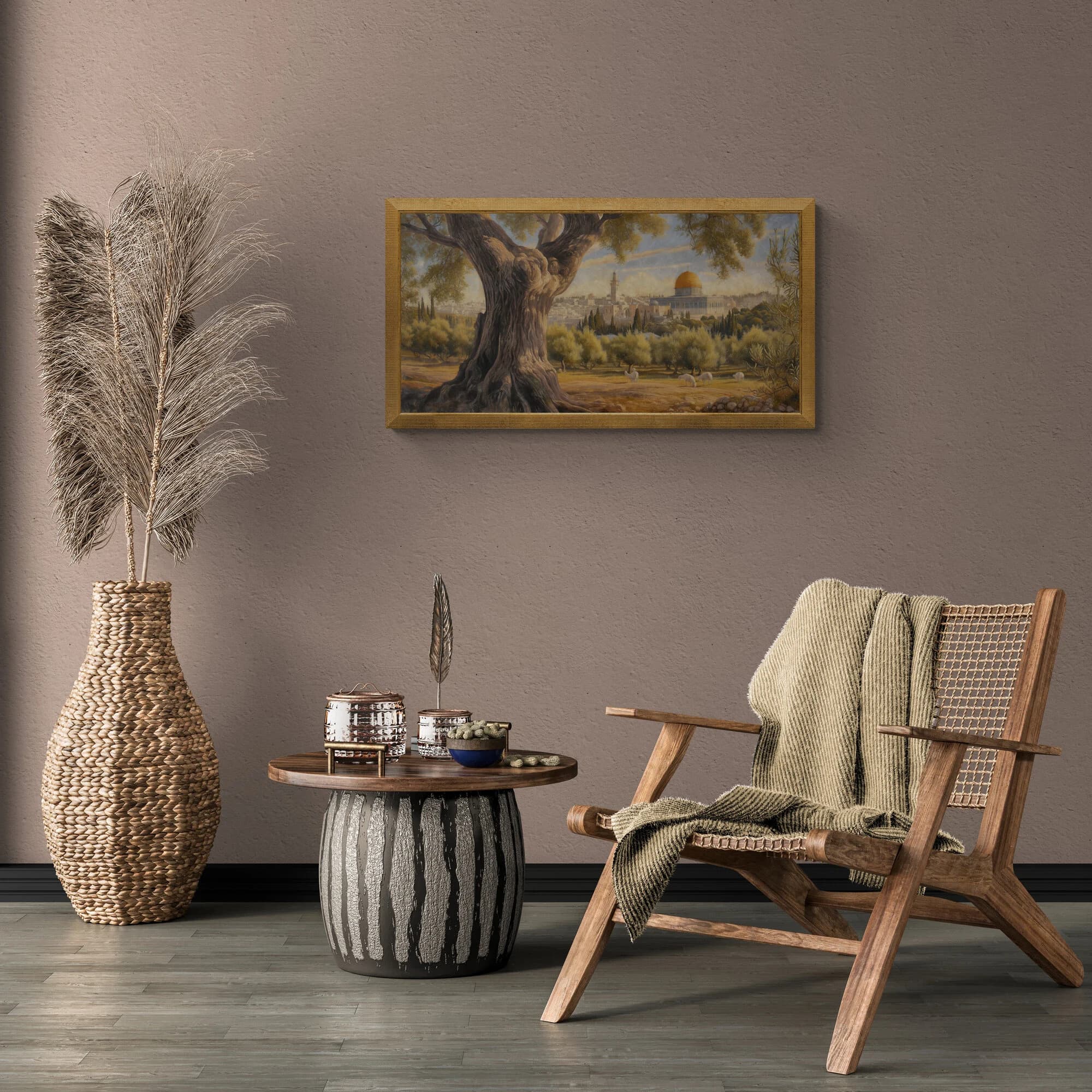 Stone and Serenity: Benson's brushstrokes capture the tranquility of Mount Olive, where the ancient Dome of the Rock stands as a beacon of faith amidst timeless olive groves.