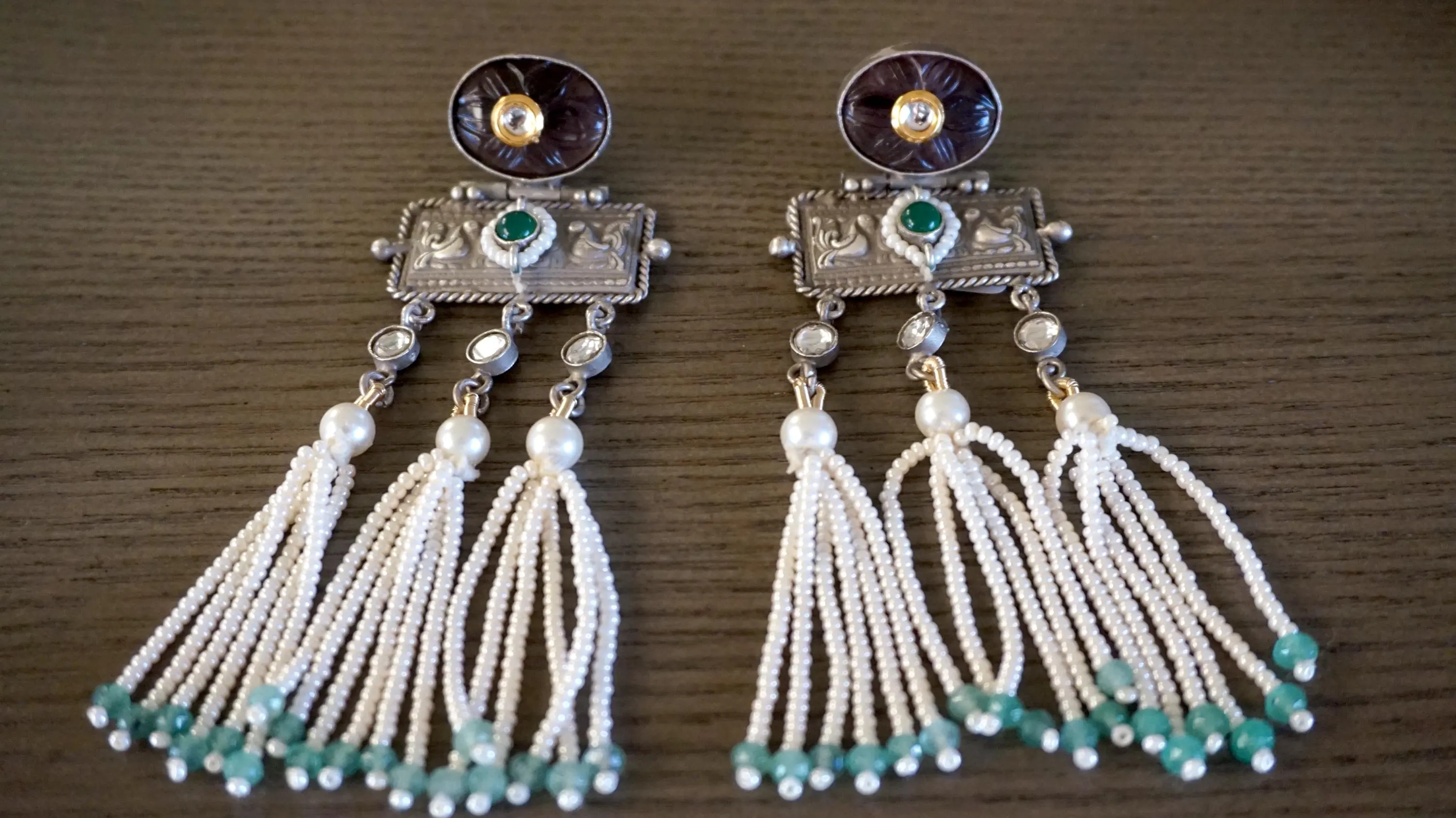 Fusion earrings, Kundan earrings, Carved stone earrings, Mint earrings, Pearl earrings, Silver tone earrings, Indian jewelry - image 4