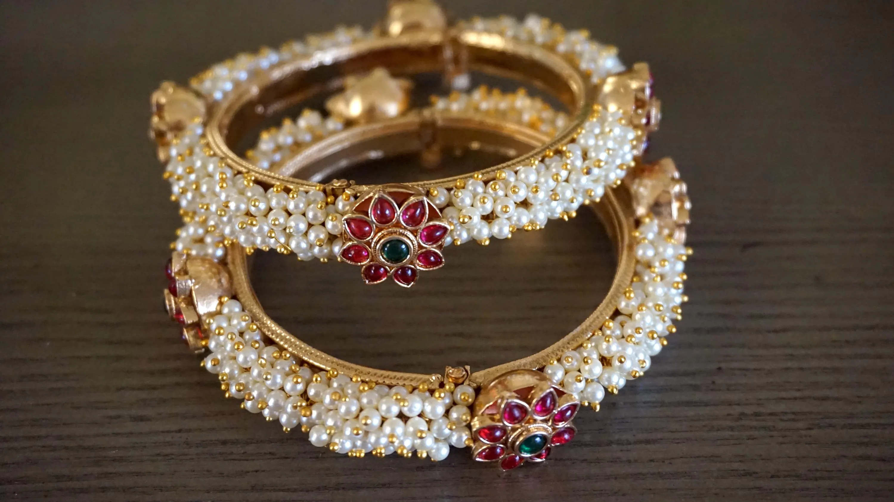 Openable bangles / Openable kada / Cluster pearl bangles / Gift for her / Ruby green kada / Antique bangles / Indian jewelry / Pearl bangles - image 4