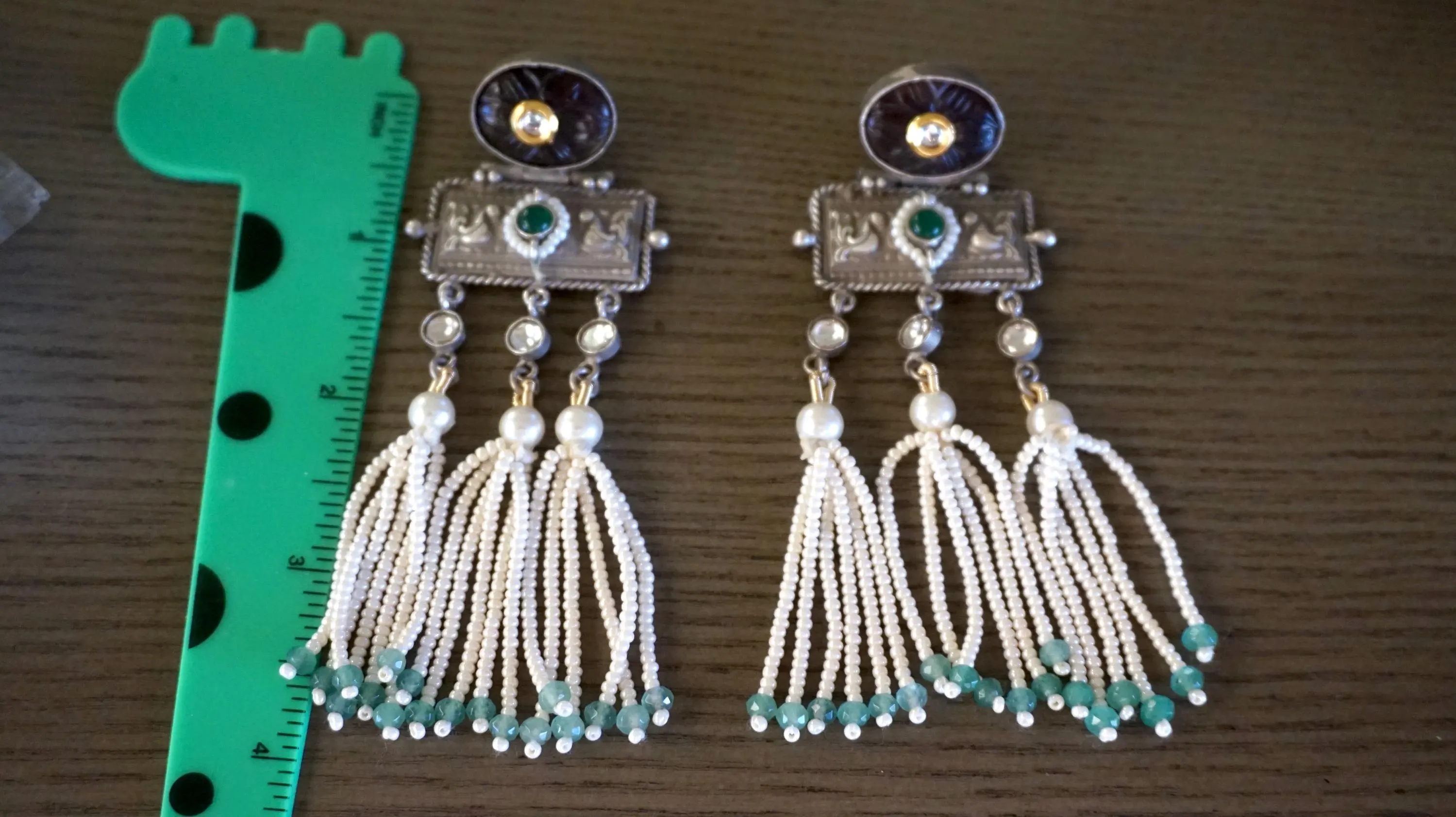 Fusion earrings, Kundan earrings, Carved stone earrings, Mint earrings, Pearl earrings, Silver tone earrings, Indian jewelry - image 2