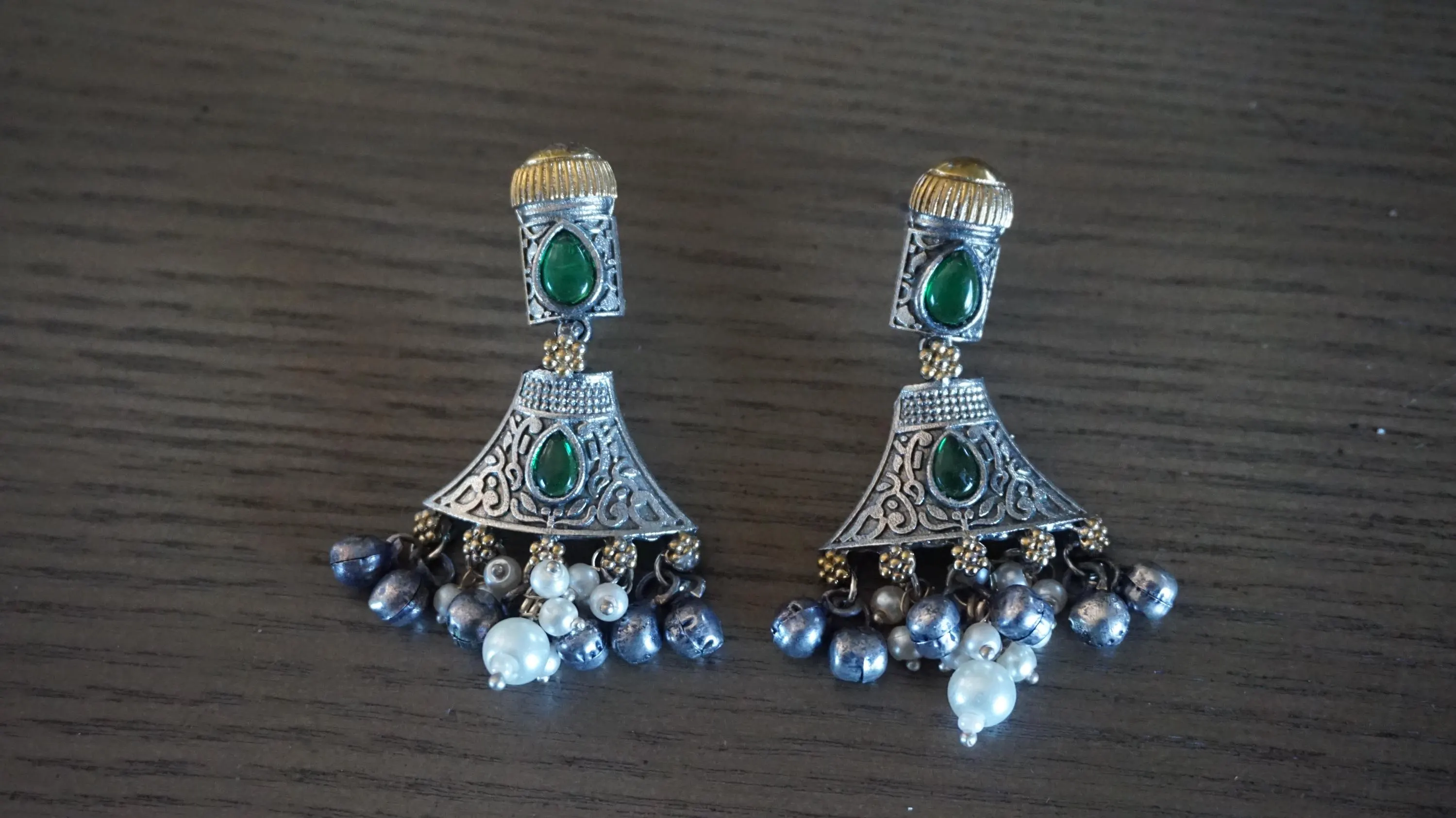 Dual tone Oxidized Earrings / Oxidized Jewelry / Indian Earrings / Indian jewelry / Green earrings / long earrings / Silver tone earrings - image 3