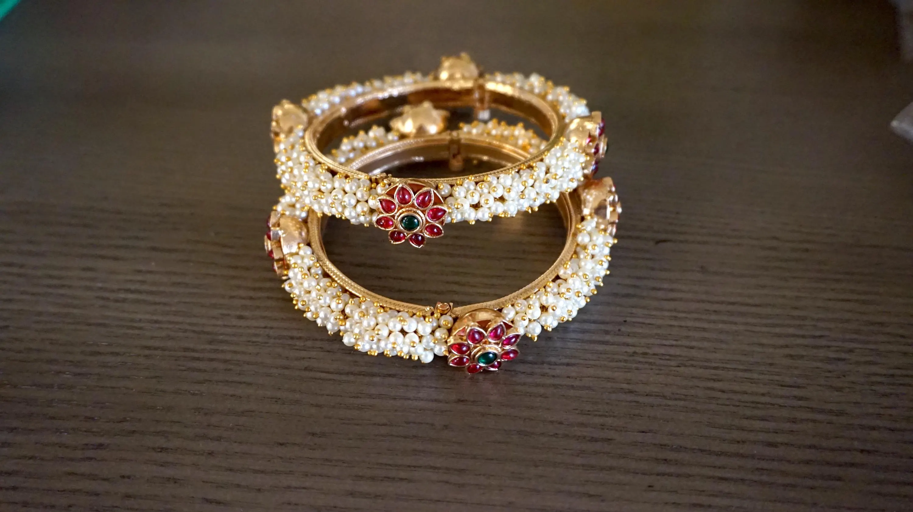Openable bangles / Openable kada / Cluster pearl bangles / Gift for her / Ruby green kada / Antique bangles / Indian jewelry / Pearl bangles - image 5