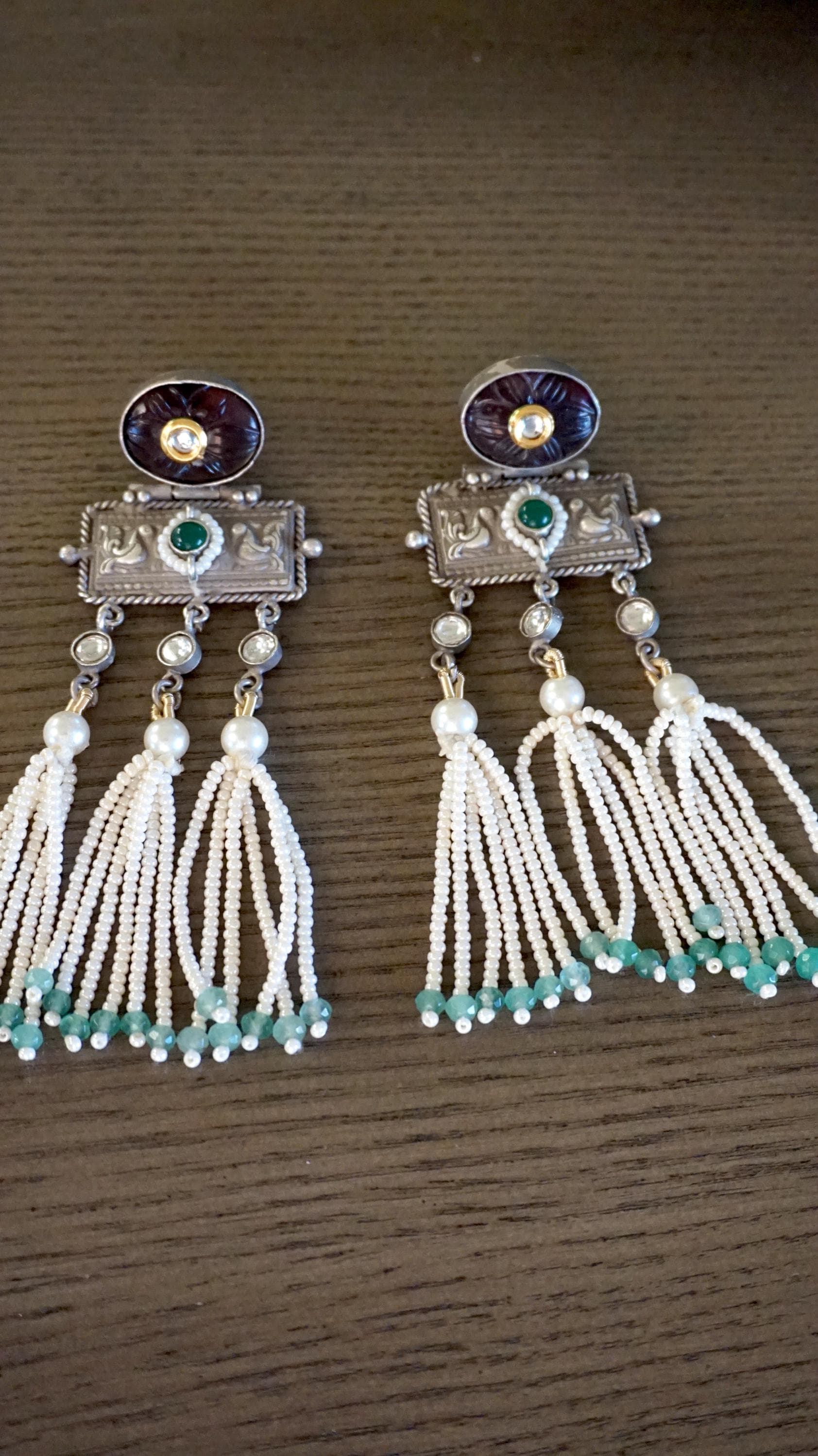 Fusion earrings, Kundan earrings, Carved stone earrings, Mint earrings, Pearl earrings, Silver tone earrings, Indian jewelry - image 5