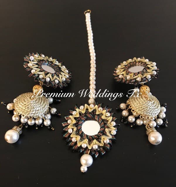 Handmade Gotta Jhumki Set: Black Earrings & Maang Tikka, Indian Bridal Jewelry - image 3